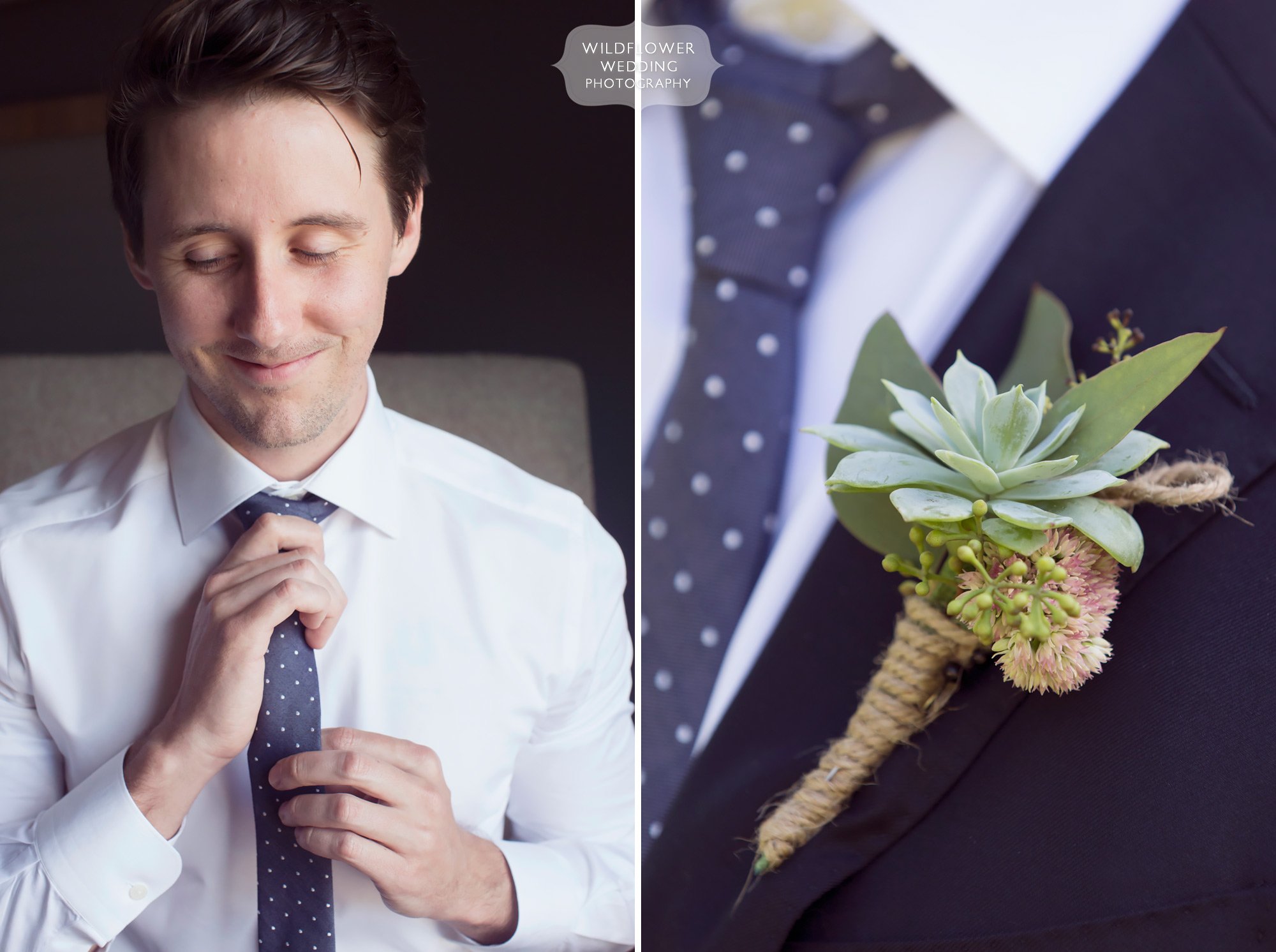 Artsy wedding photography of the groom getting ready with a succulent boutonniere and polka dot tie in Columbia, MO.