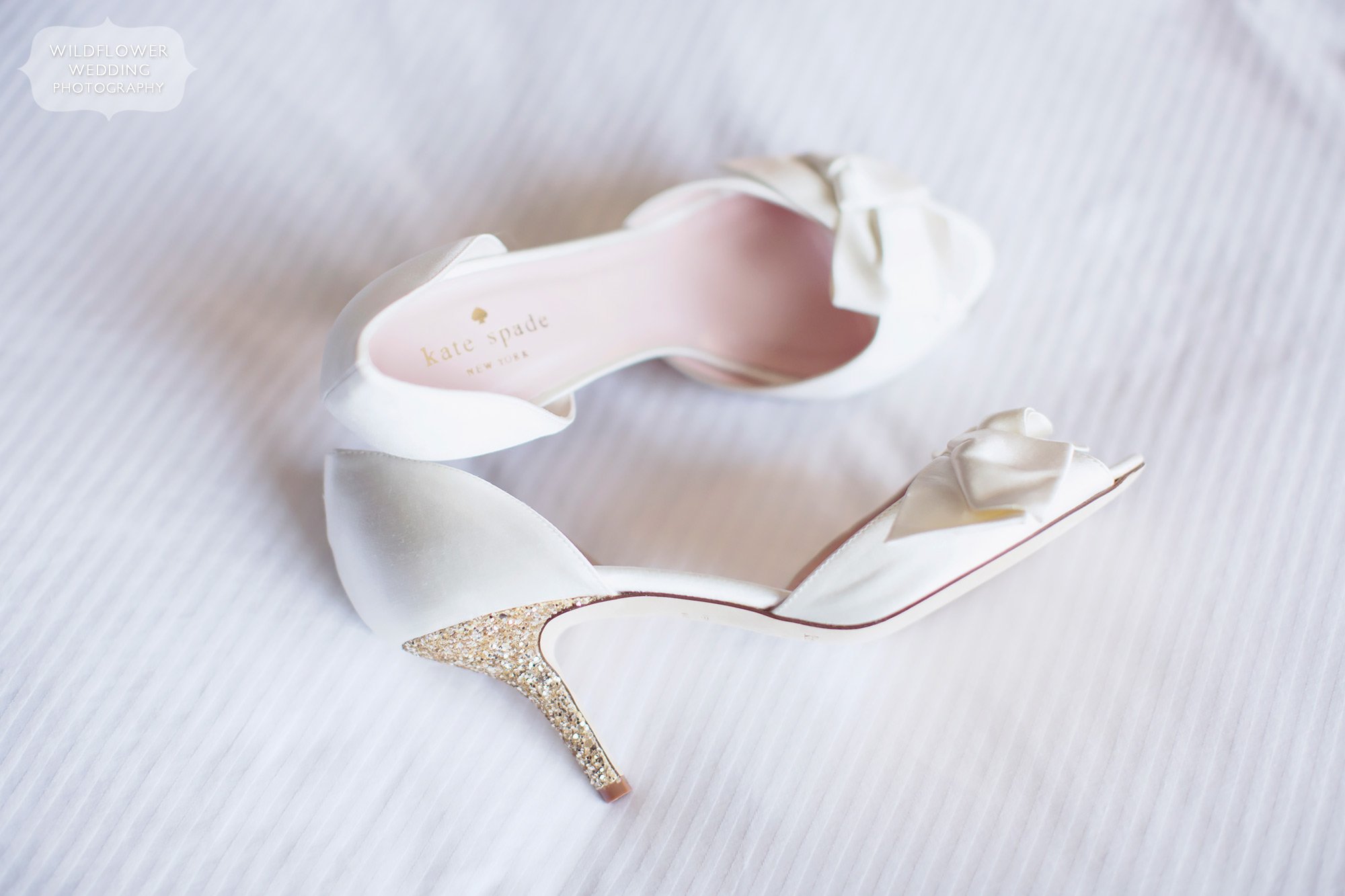 Gorgeous white and gold sparkle heels of Kate Spade wedding shoes for this Mid-Missouri wedding.