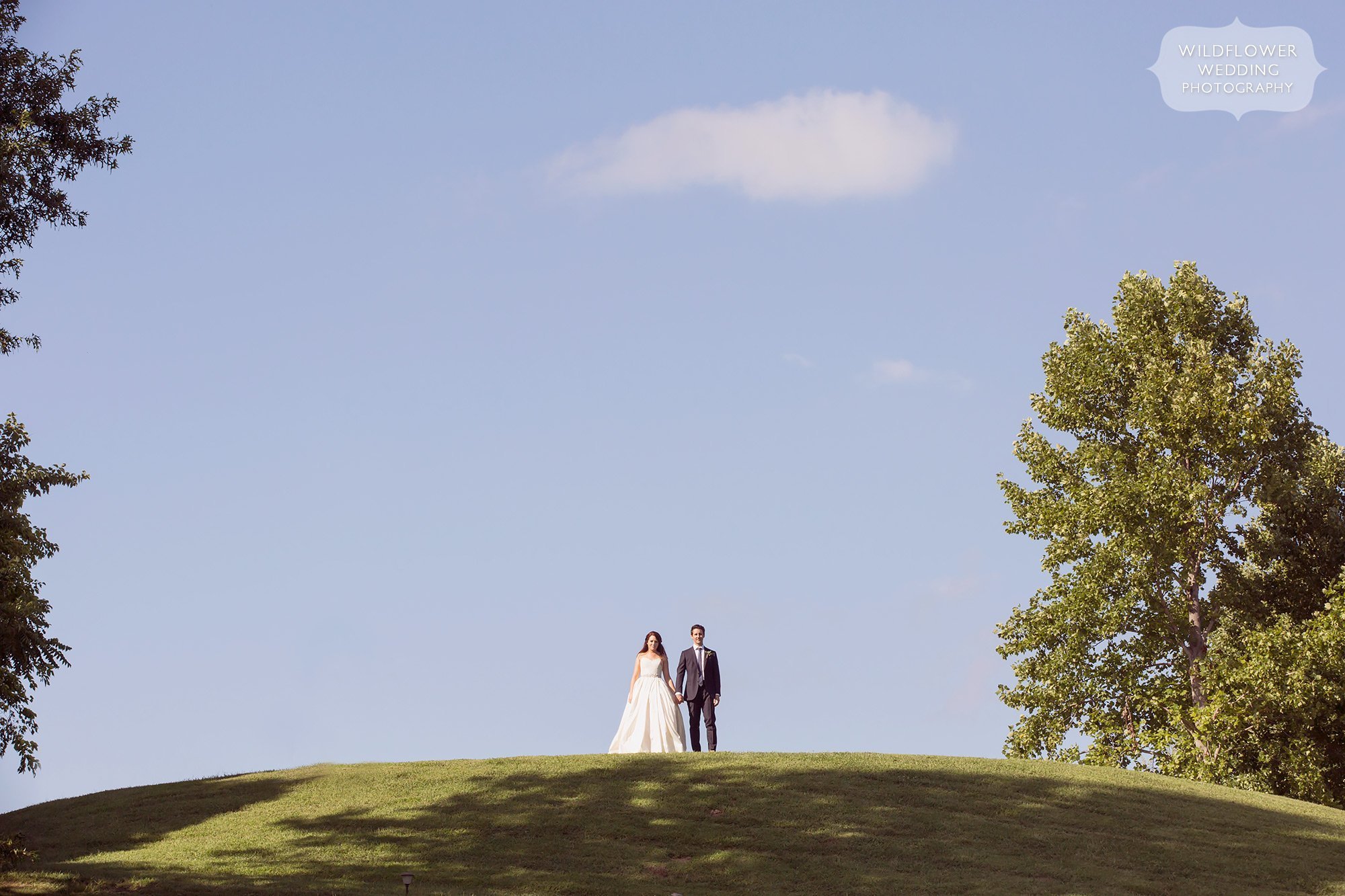 Artistic photo of the bride and groom standing on a hill at the Les Bourgeois Winery for their outdoor summer wedding in Rocheport, MO.