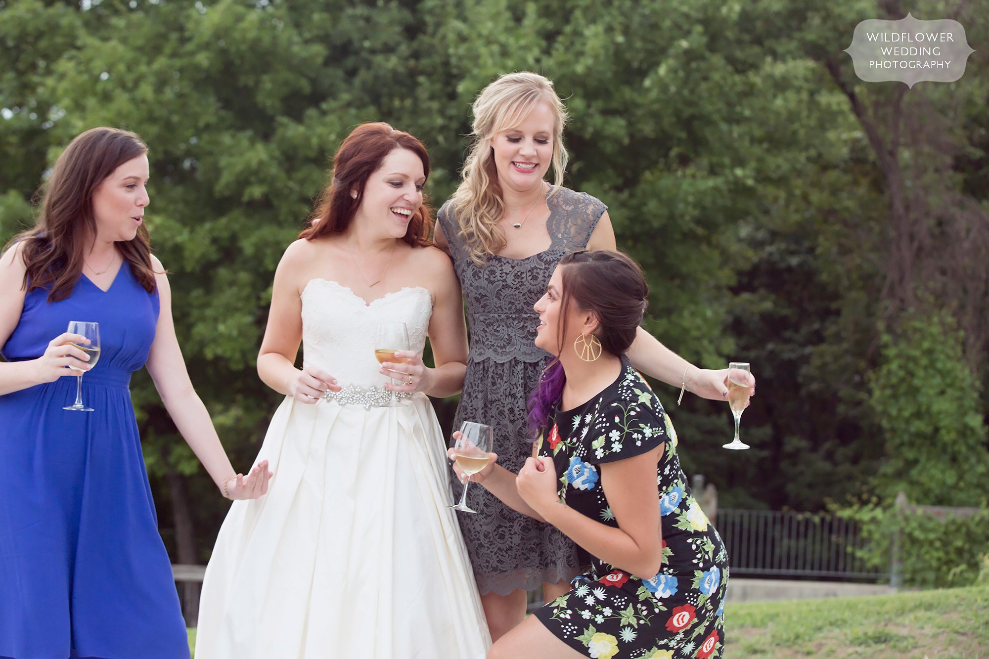 Funny photo of the bride with her friends at the Les Bourgeois Winery in Columbia, MO.