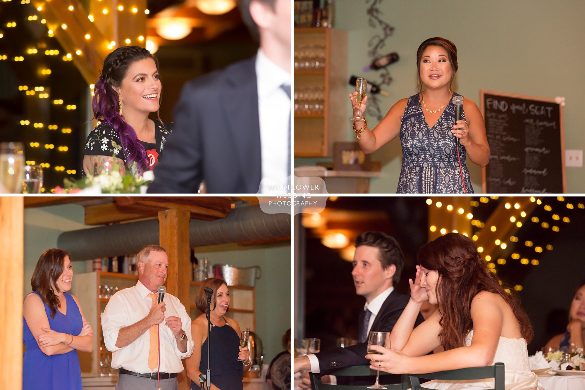 Candid wedding photography of wedding guests during speeches at Les Bourgeois in Rocheport, MO.