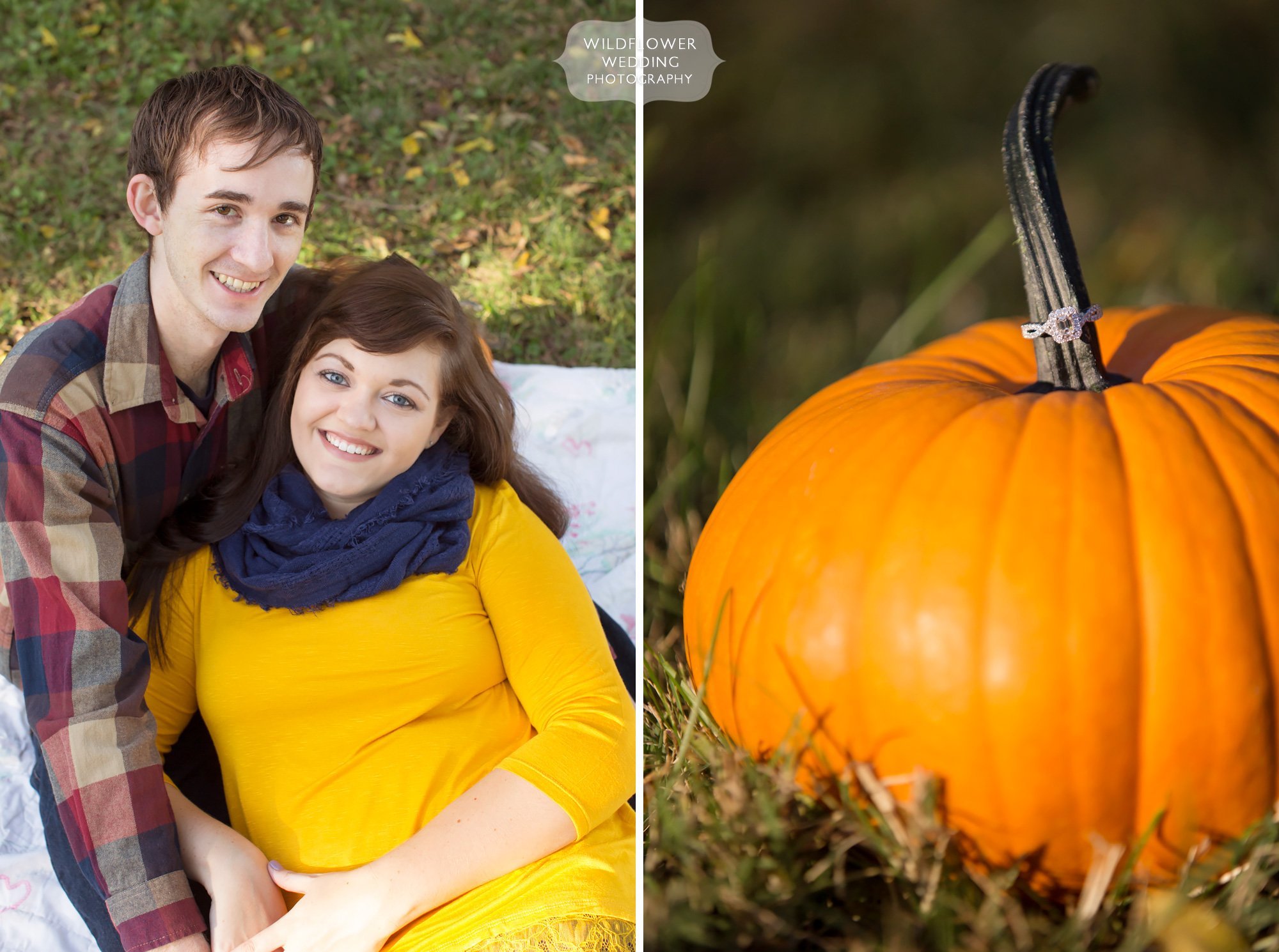 Rustic engagement photo of couple laying on blanket with pumpkin in Columbia, MO.