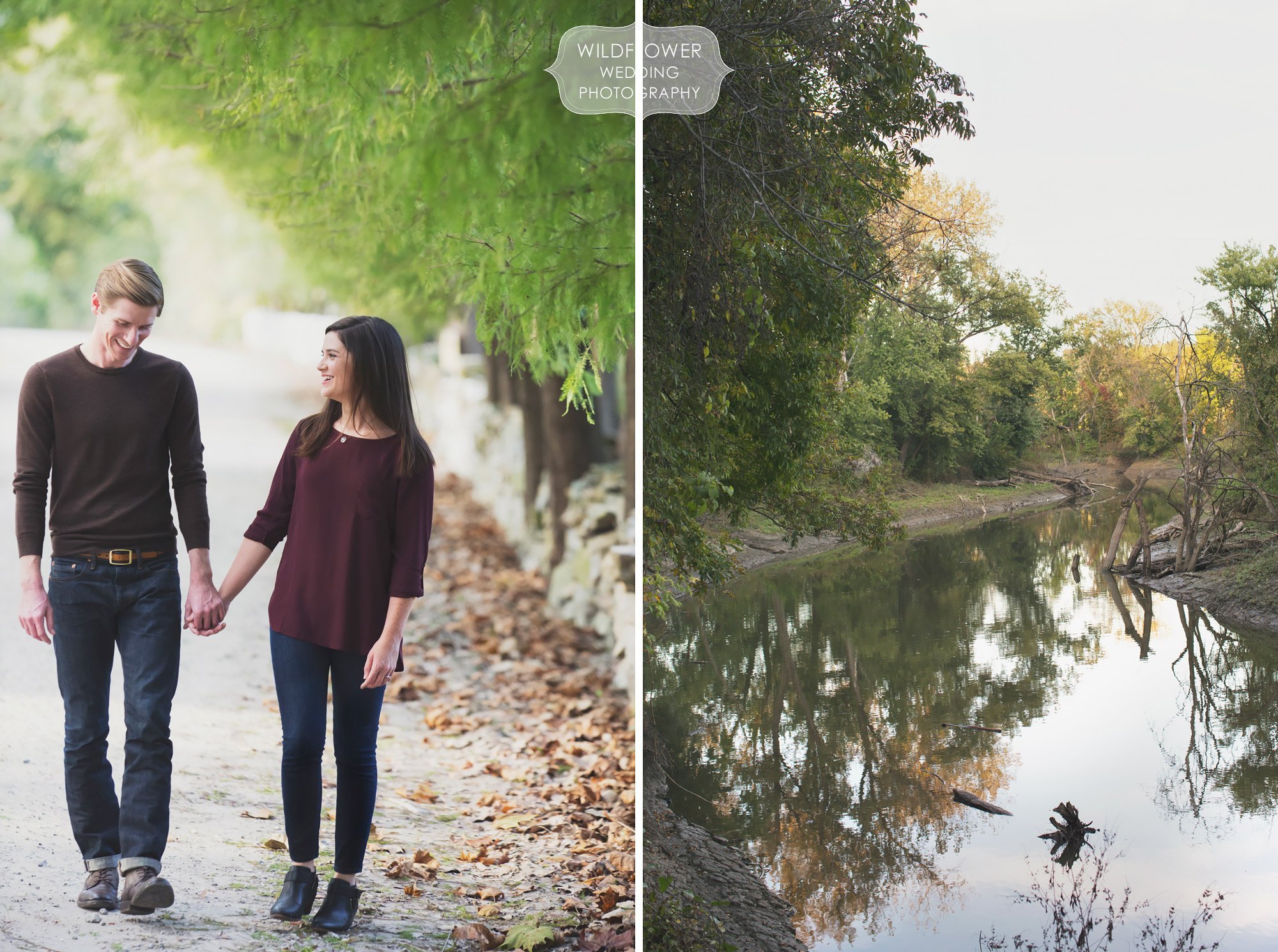 Couple walks along the road during their October engagement session at Cooper's Landing in Columbia, MO.