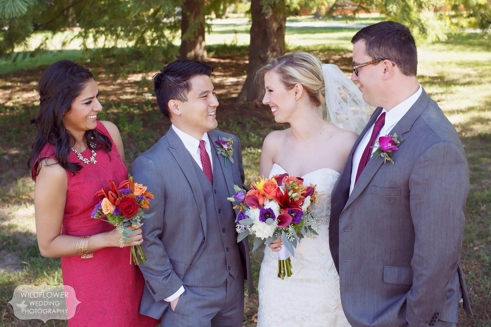 Small wedding party have a relaxed portrait at this St. Louis ceremony at the Priory.