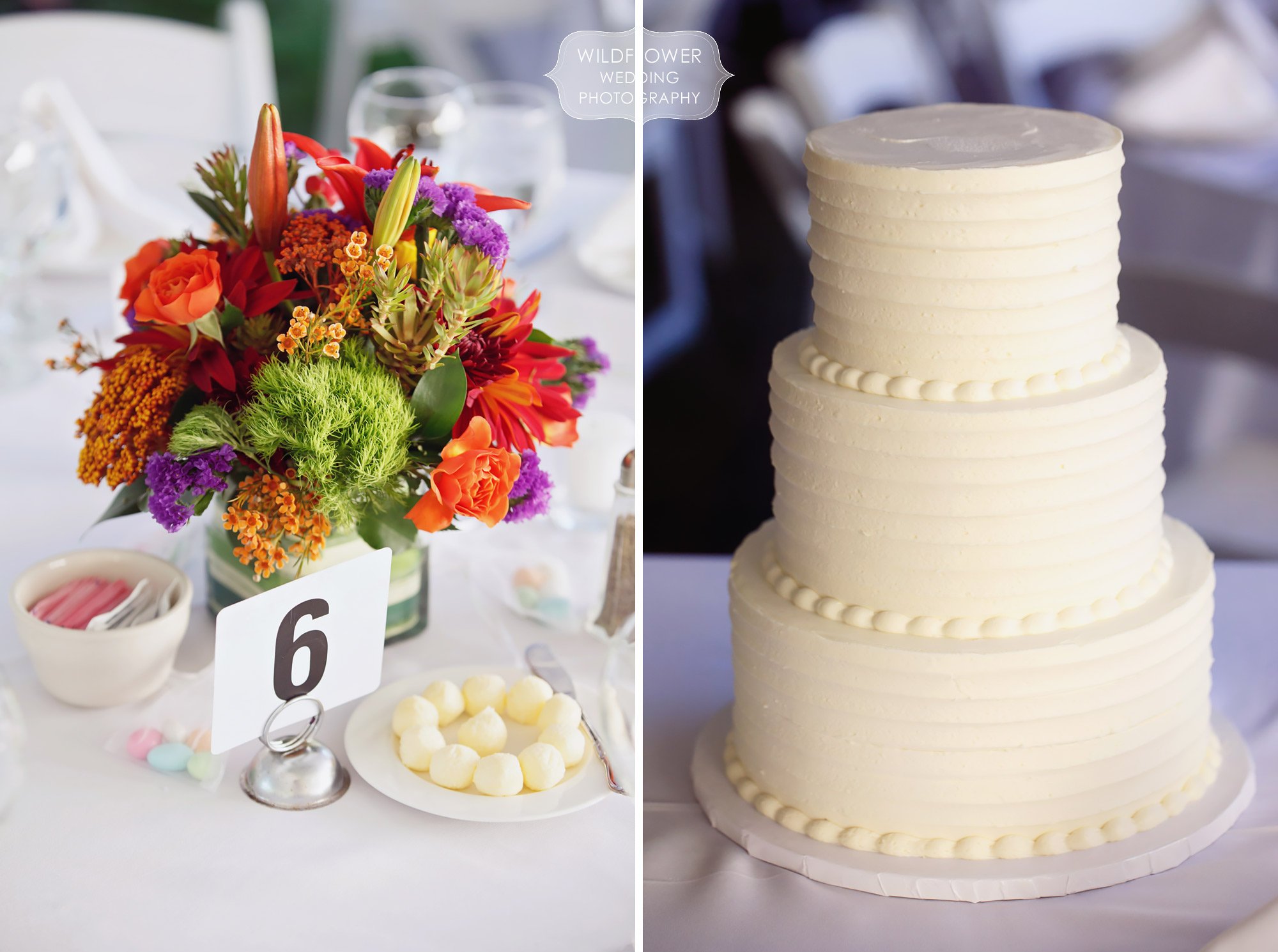 October wedding flowers with a simple wedding cake by Russo's at this backyard reception in St. Louis.