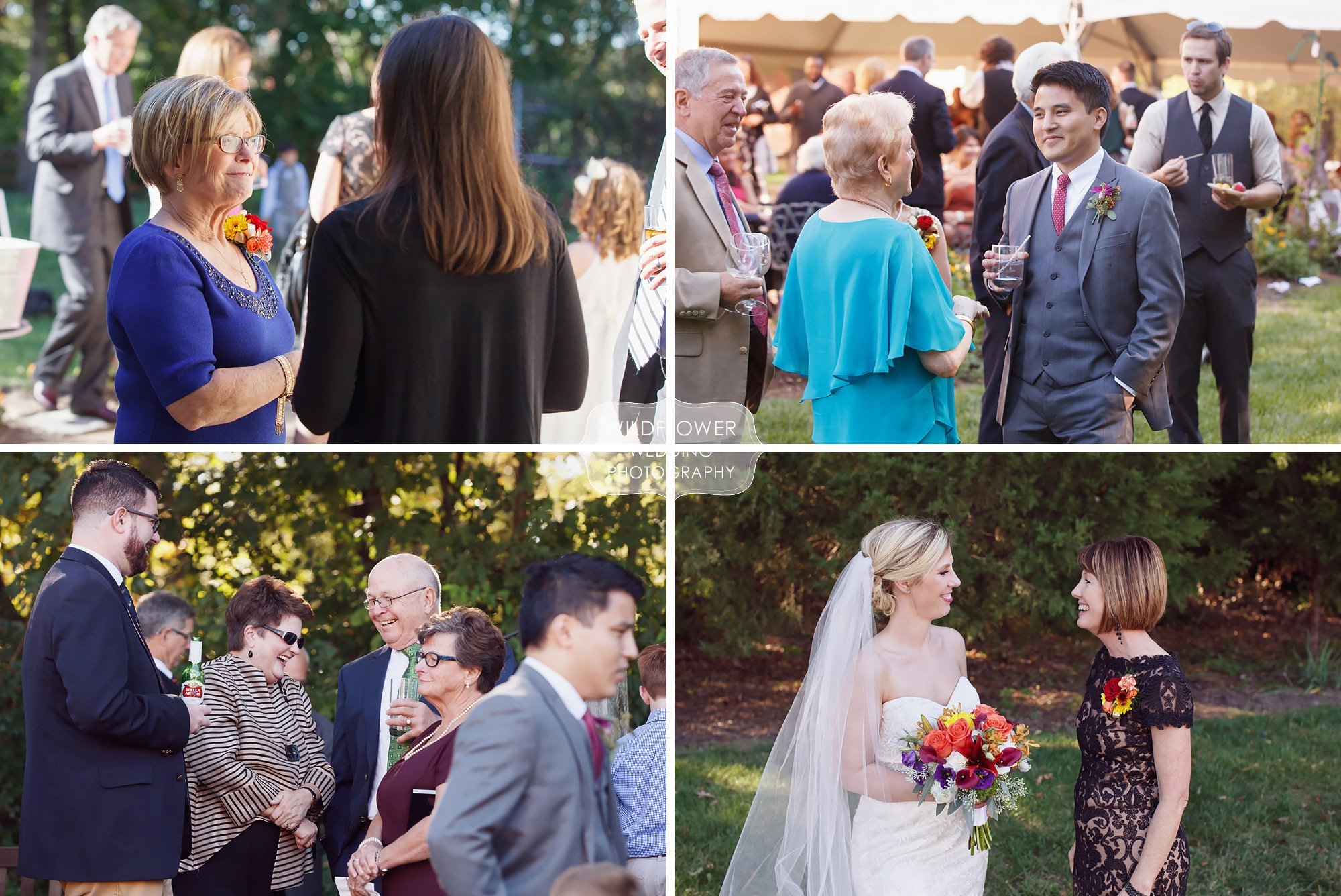 Candid photos of wedding guests enjoying this backyard reception in October in St. Louis.
