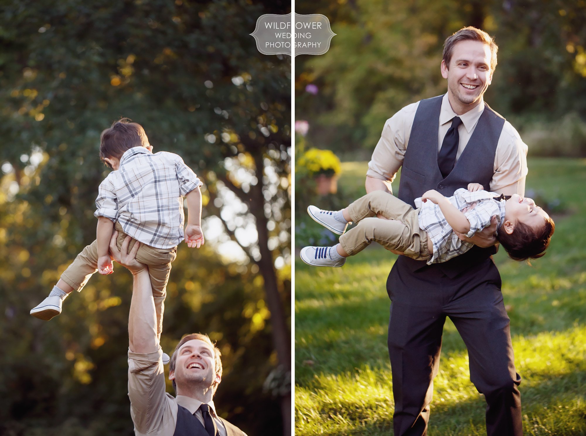 Great family photos of a dad and his son during this backyard wedding reception in St. Louis.
