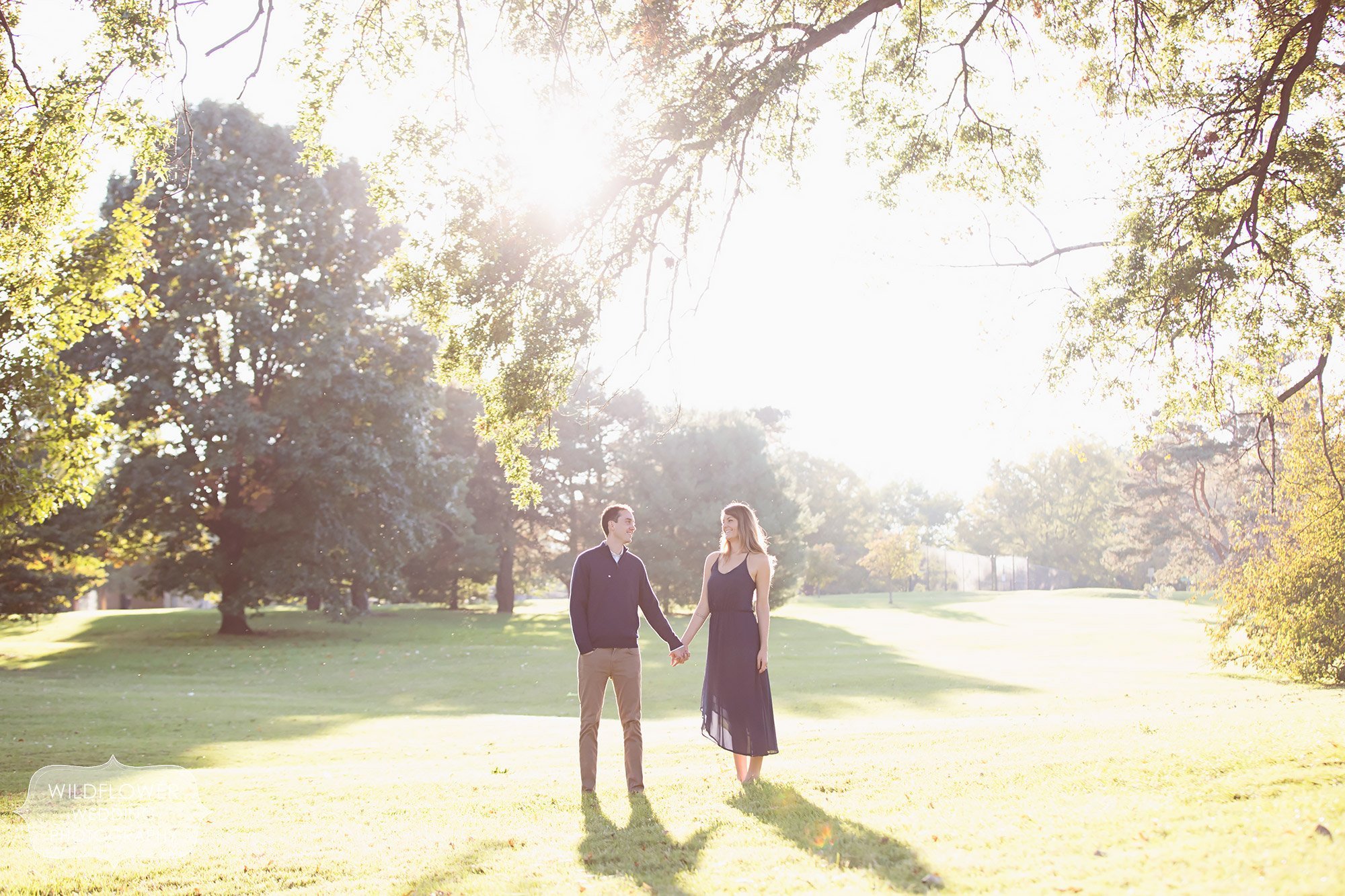 Ethereal engagement photography at sunset with sunbursty light and couple in a field at Loose Park.