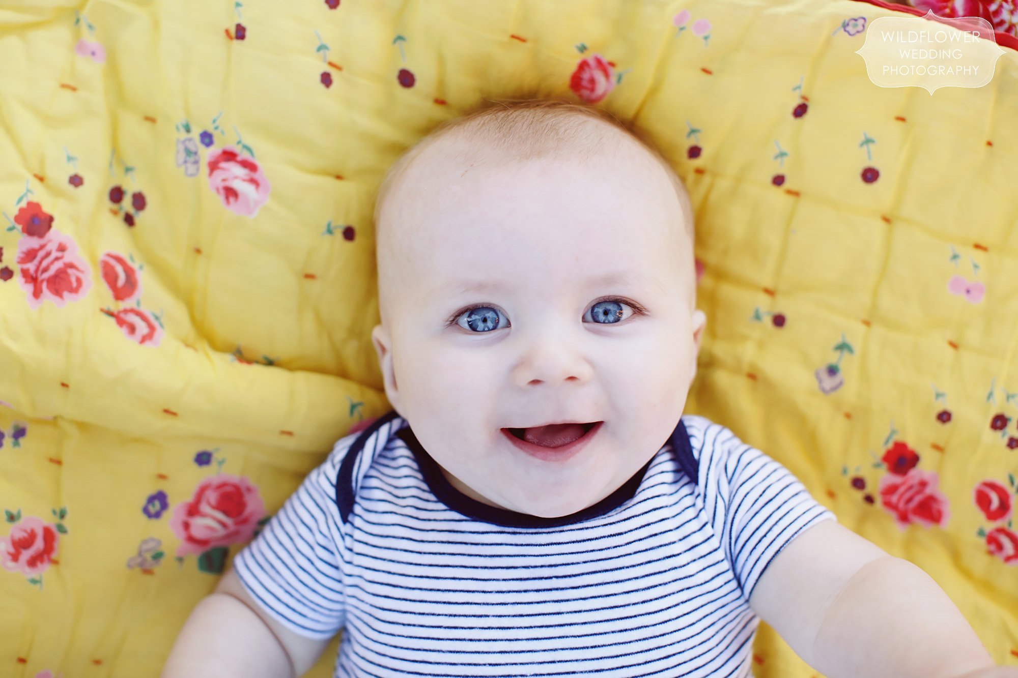 Smiling baby face looking up at camera with close up lens at Loose Park in MO.
