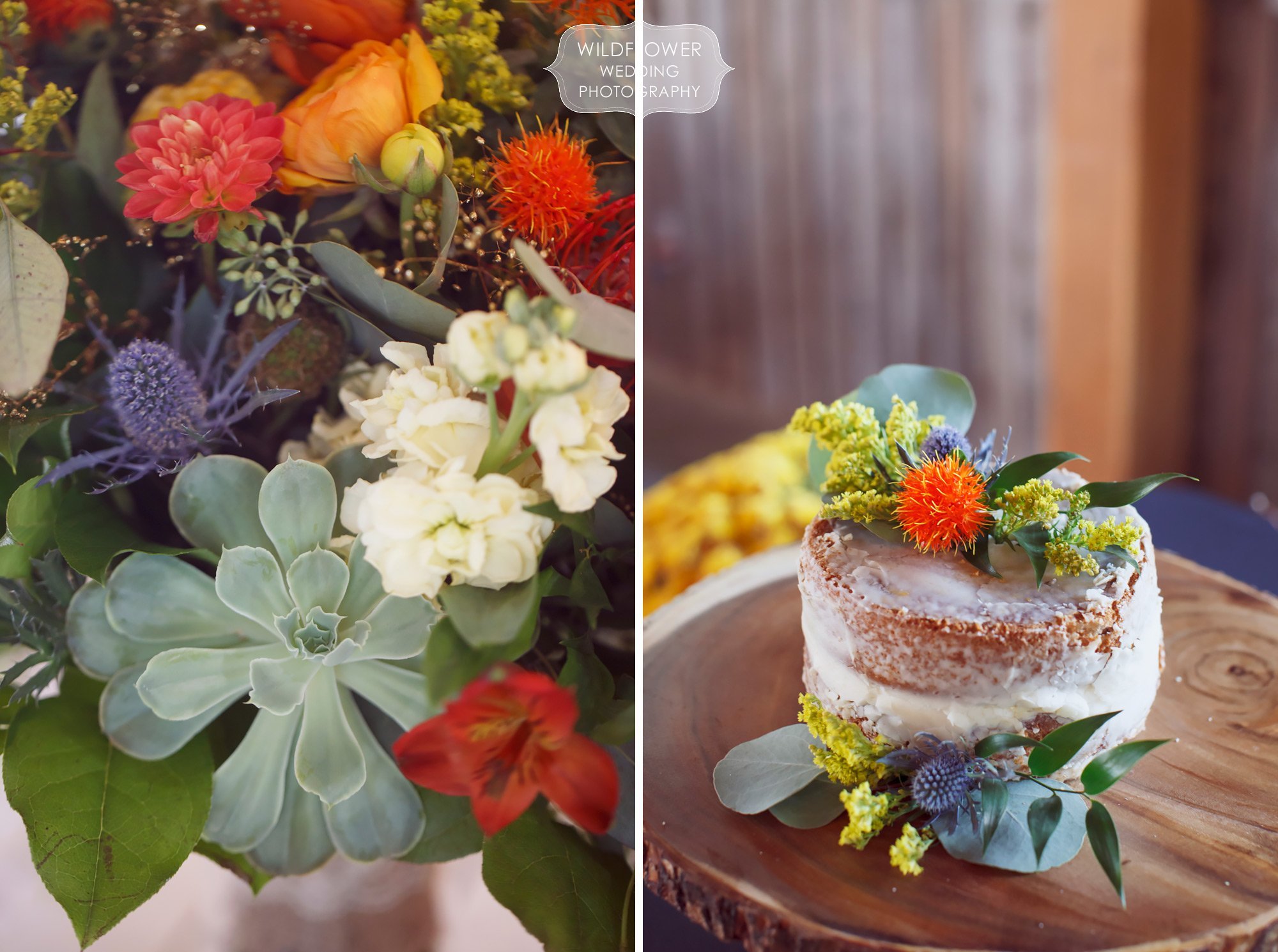 Succulent wedding flowers with colorful autumn hues for this Schwinn Produce Farm wedding, along with a small naked cake.