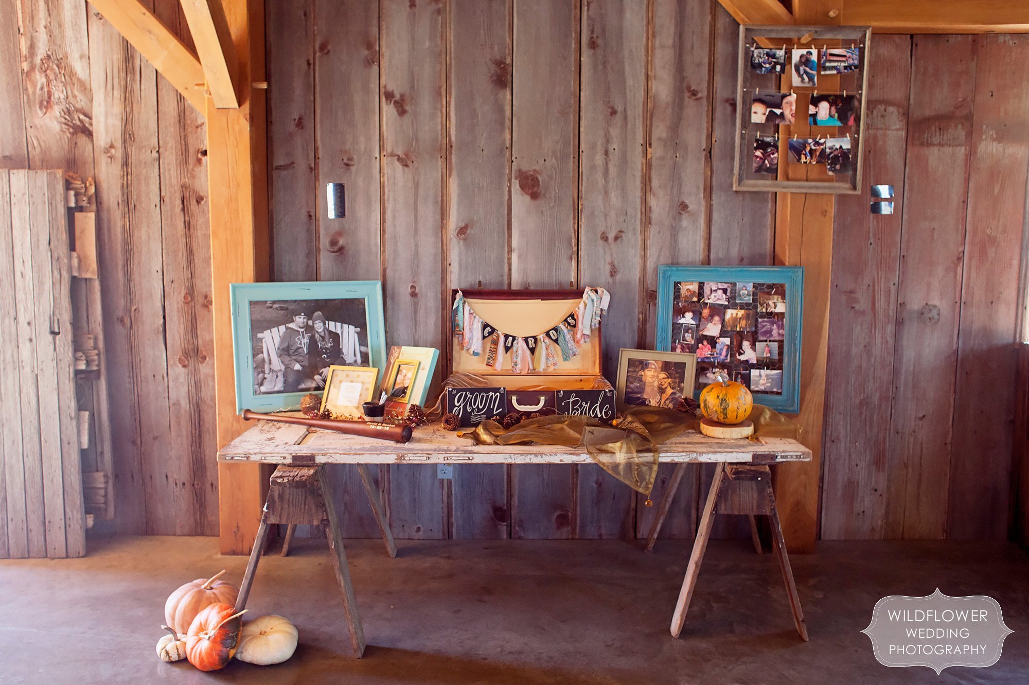 Simple and rustic sawhorse table for wedding gifts at this barn wedding at the Schwinn Produce Farm just north of KC.