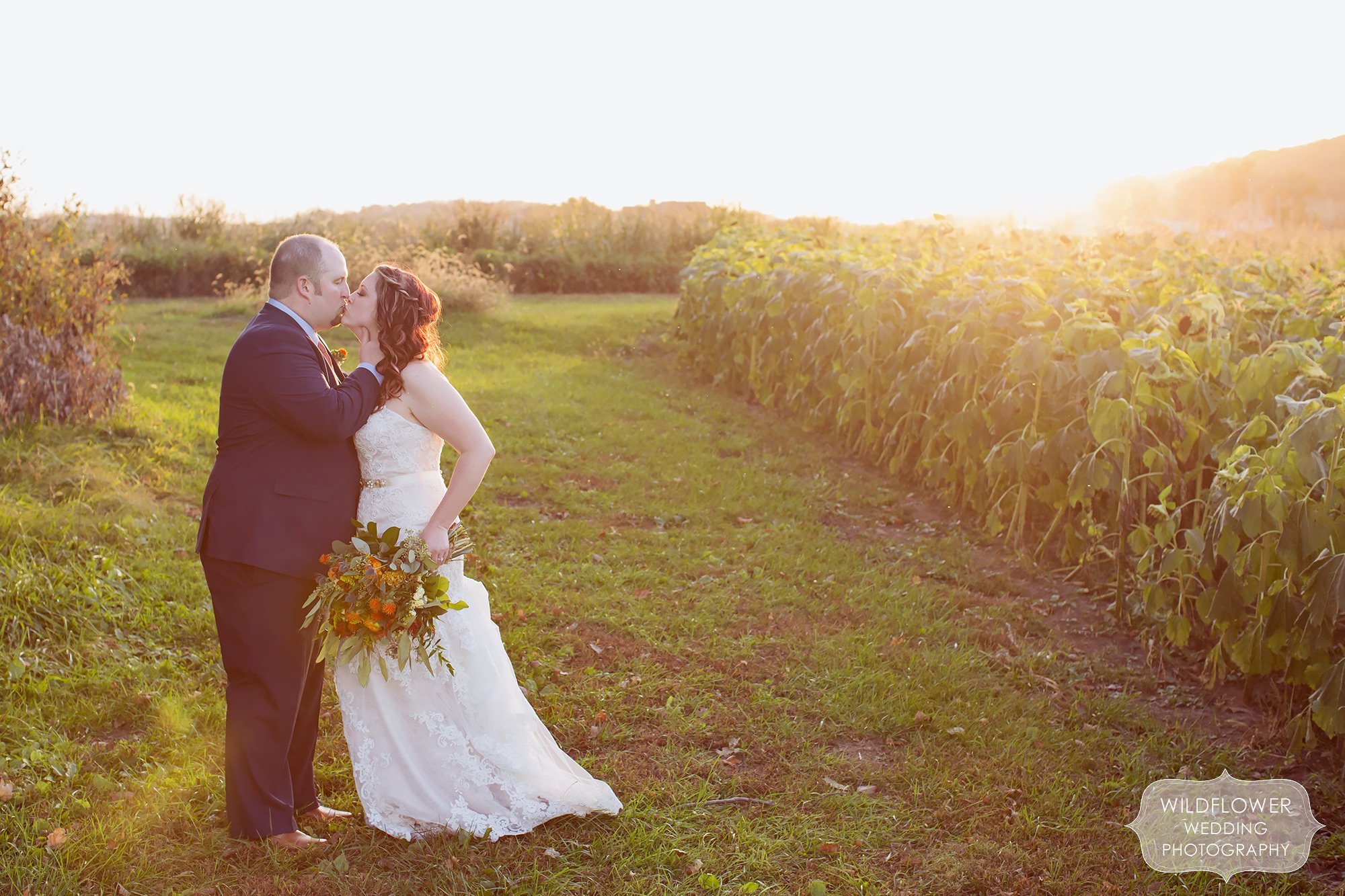 Ethereal wedding portrait of the bride and groom at sunset after this barn wedding north of KC.