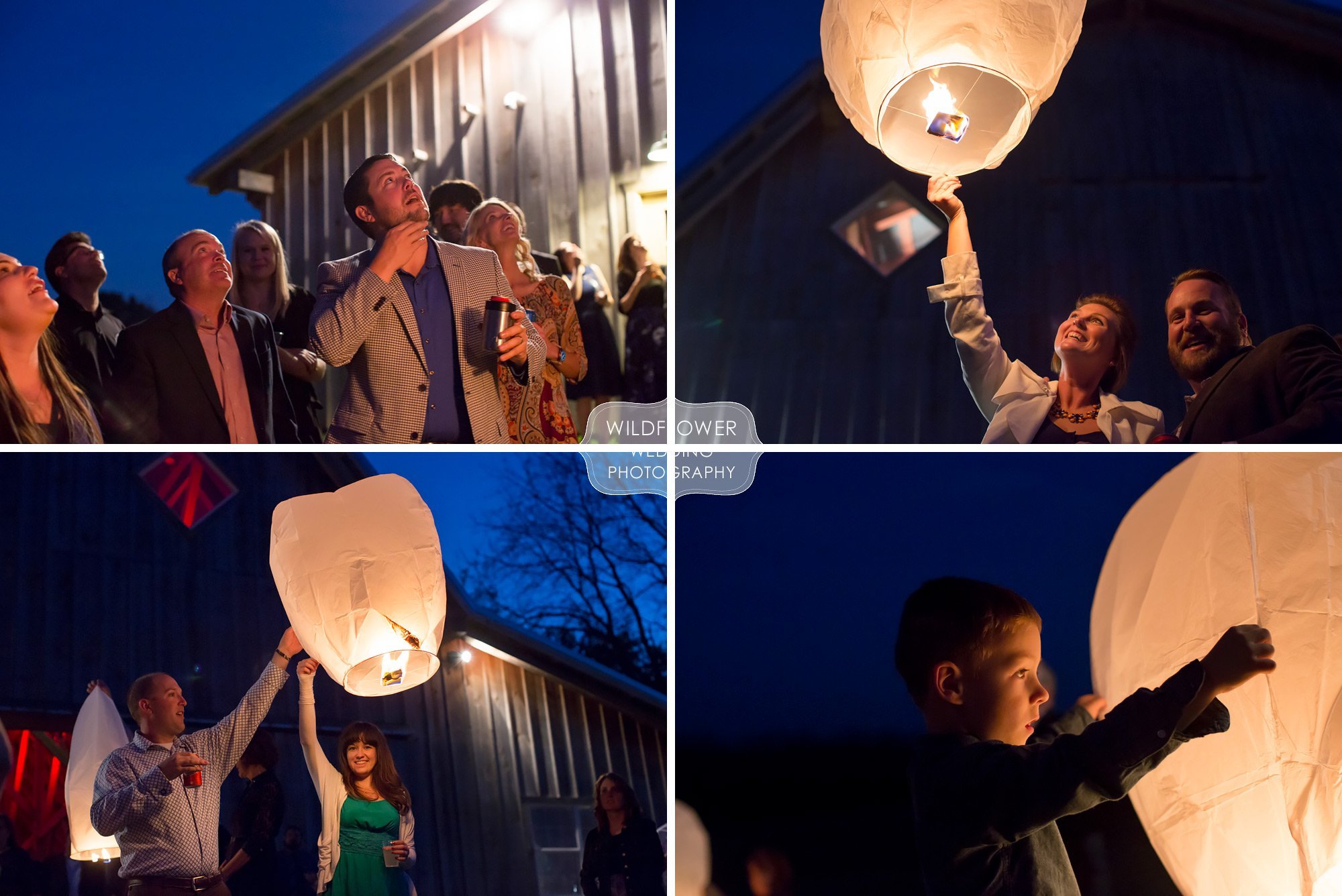 Guests have fun setting magical wish lanterns into the sky after this Schwinn Produce Farm wedding in KS.