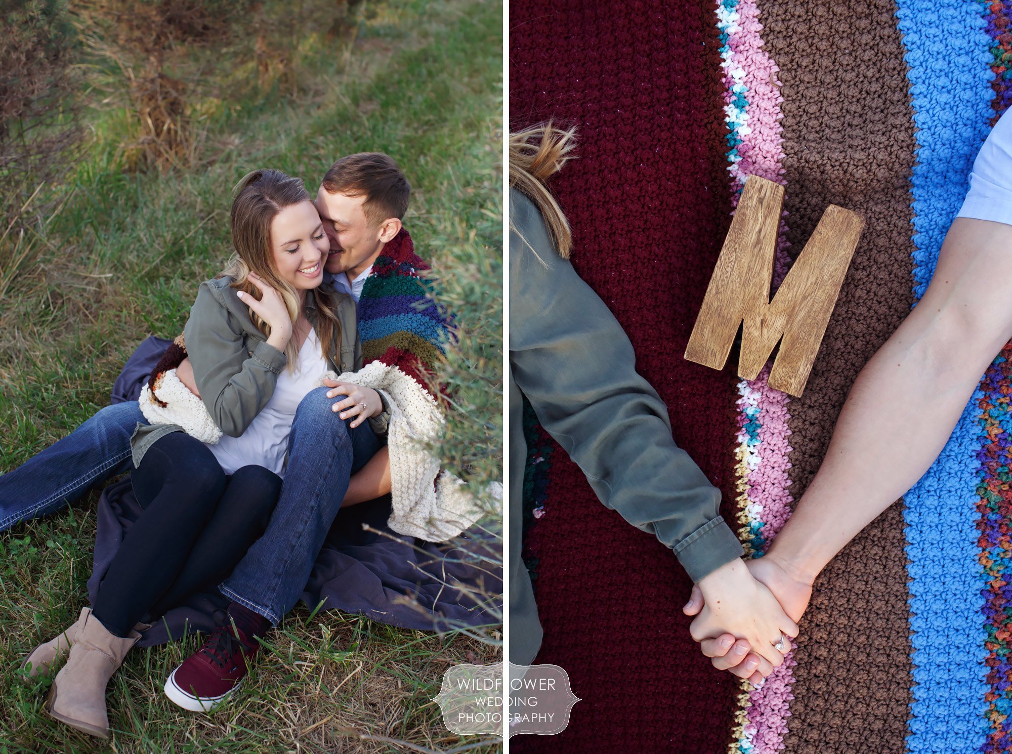 Winter engagement photos of couple on a blanket at this Christmas Tree Farm near Columbia, MO.