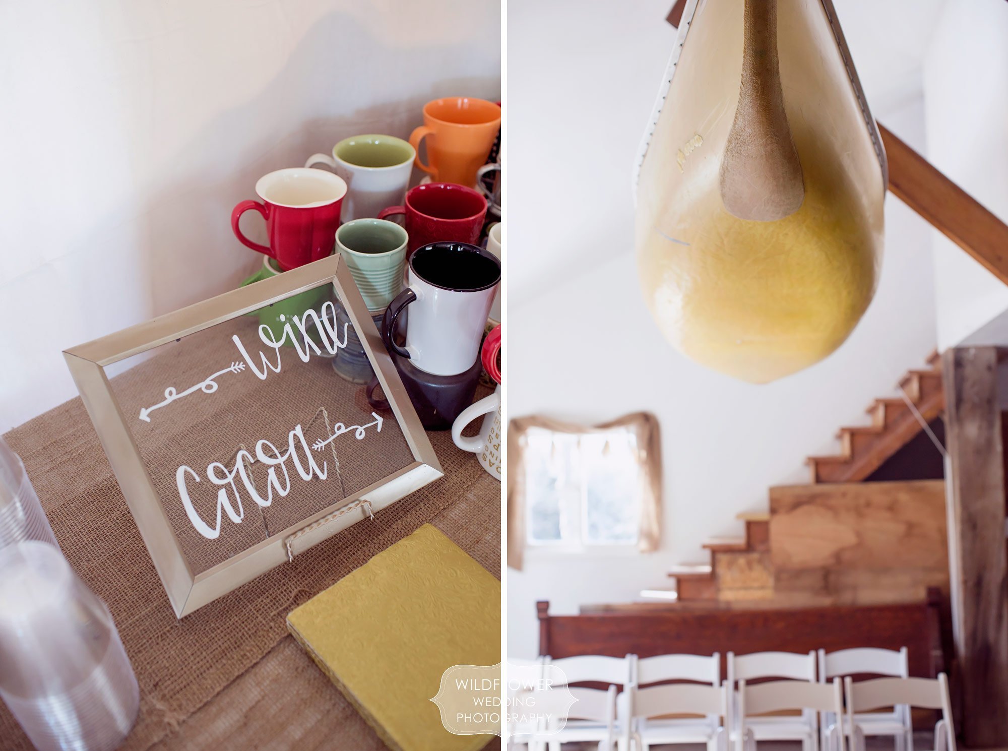 A simple sign for hot cocoa and coffee on a burlap table at this winter wedding in mid-Missouri.