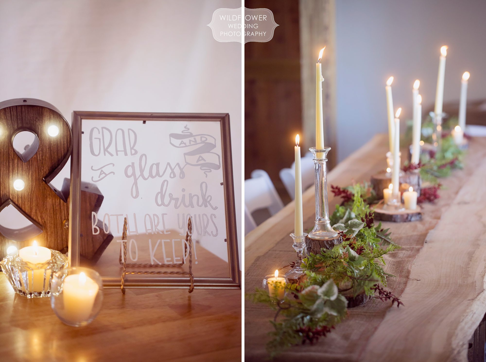 Candles and green garlands line this harvest table at this winter wedding in MO.