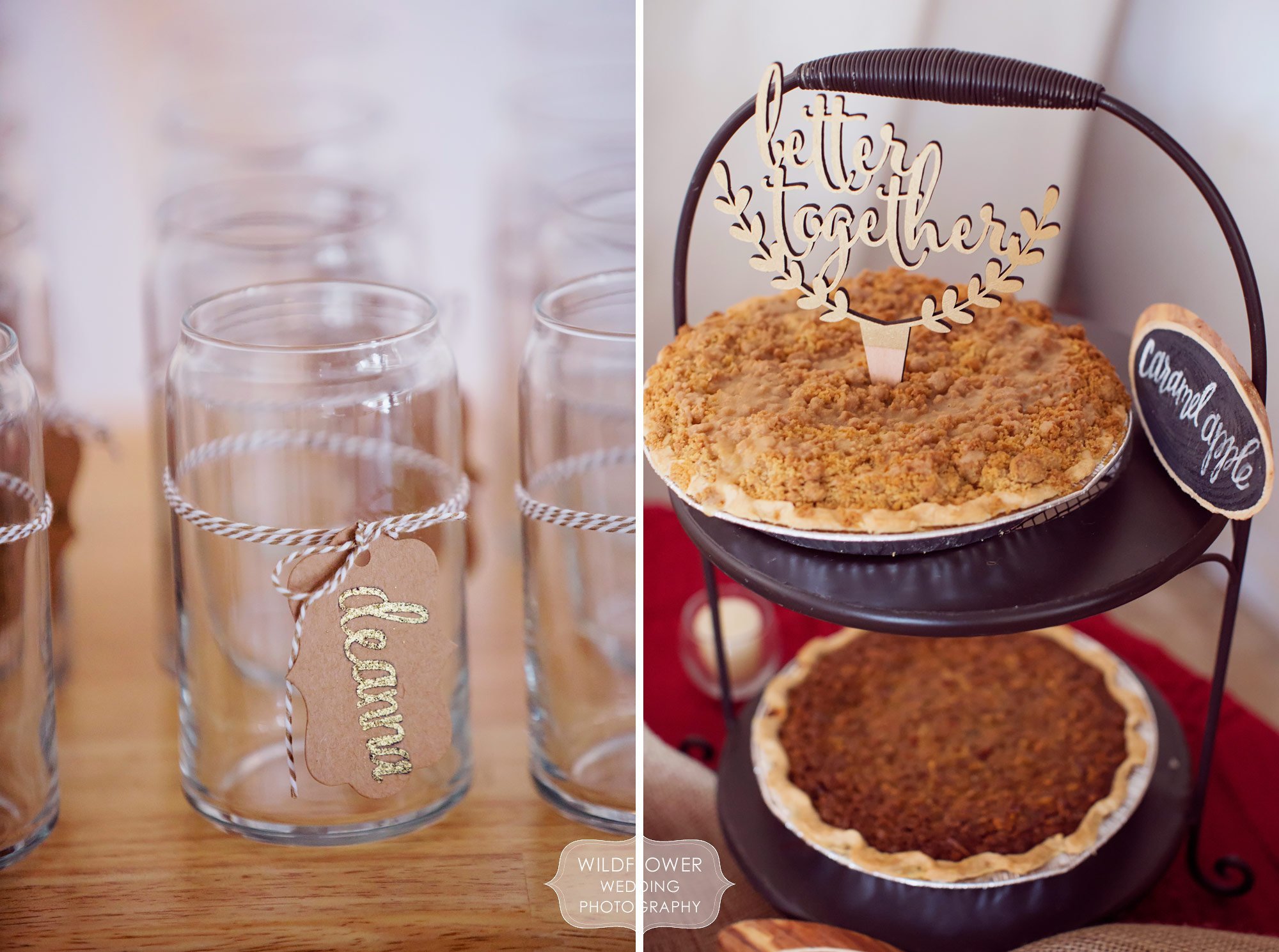 Personalized glasses and a modern wood cut cake topper were on display at this winter wedding in MO.