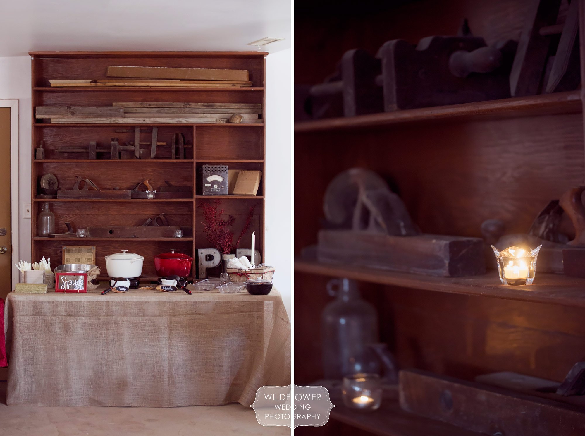 Antique tools line this tall wooden cabinet as a unique backdrop at this winter wedding in MO.