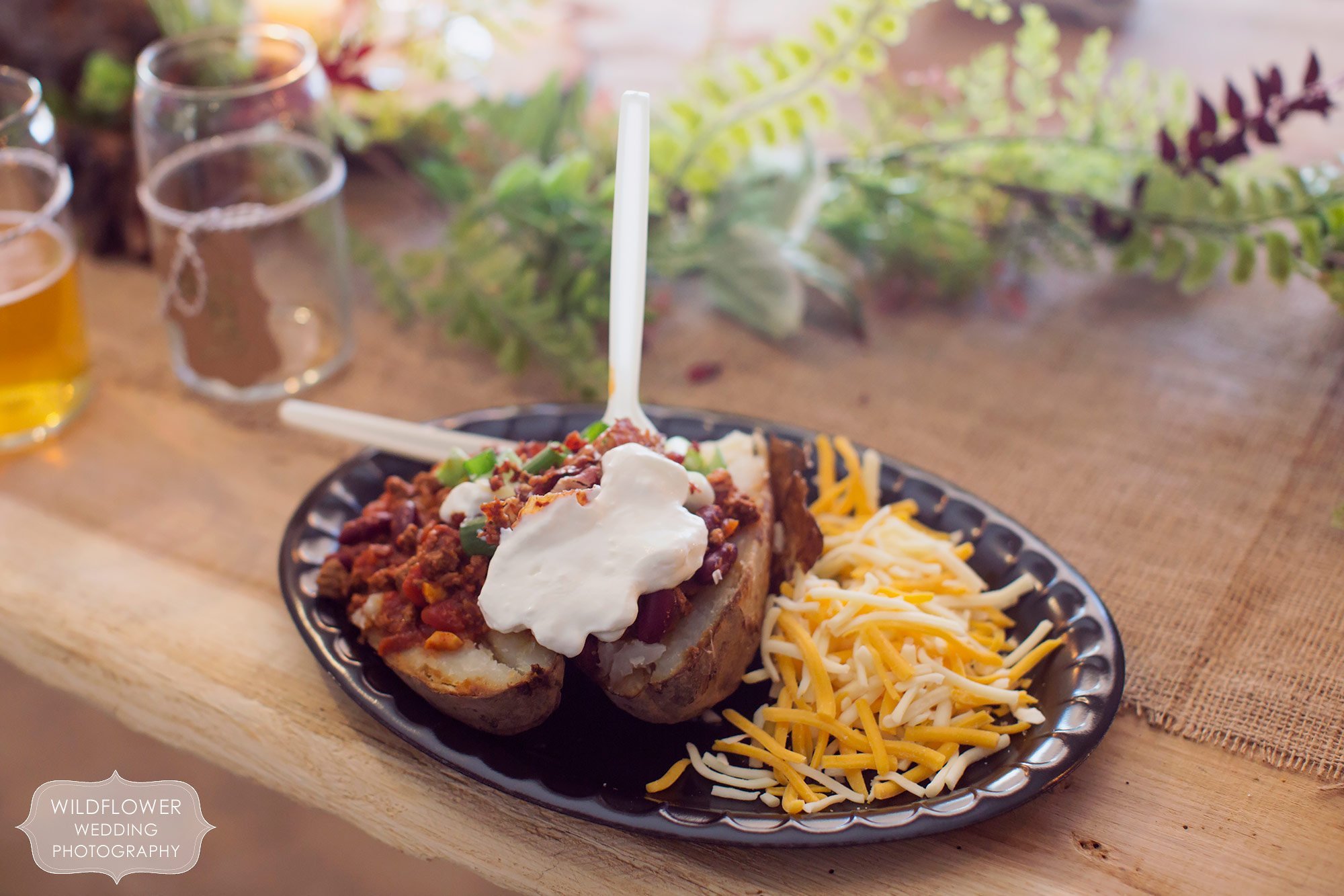 Loaded baked potato bar lunch wedding idea at this winter wedding in mid-MO.