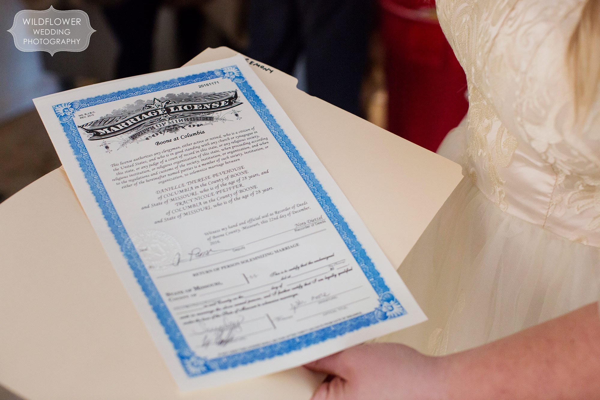Marriage license for a gay couple in Columbia, MO after their winter wedding.