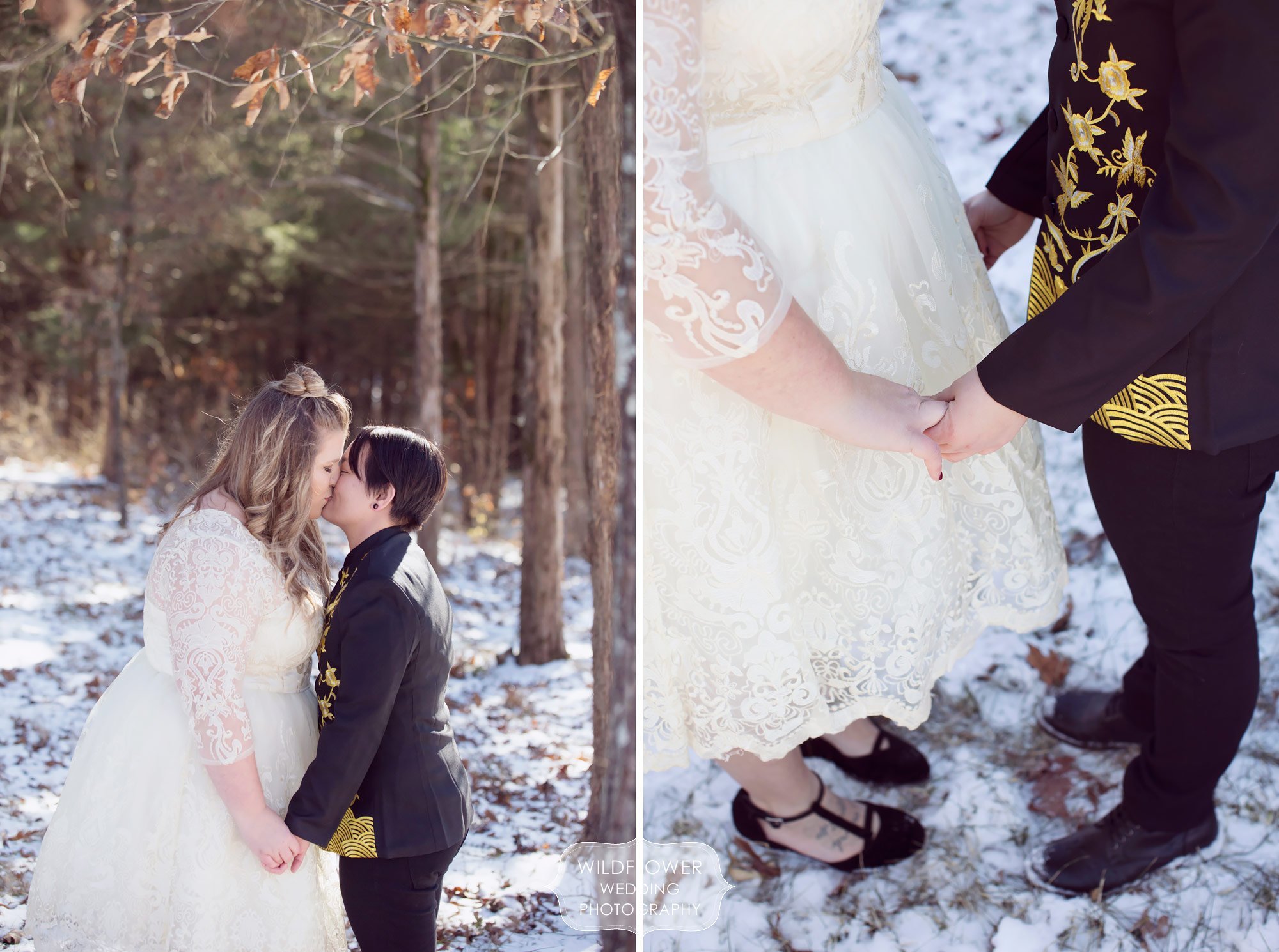 A queer couple kissing in snowy woods before their backyard barn wedding in mid-MO.