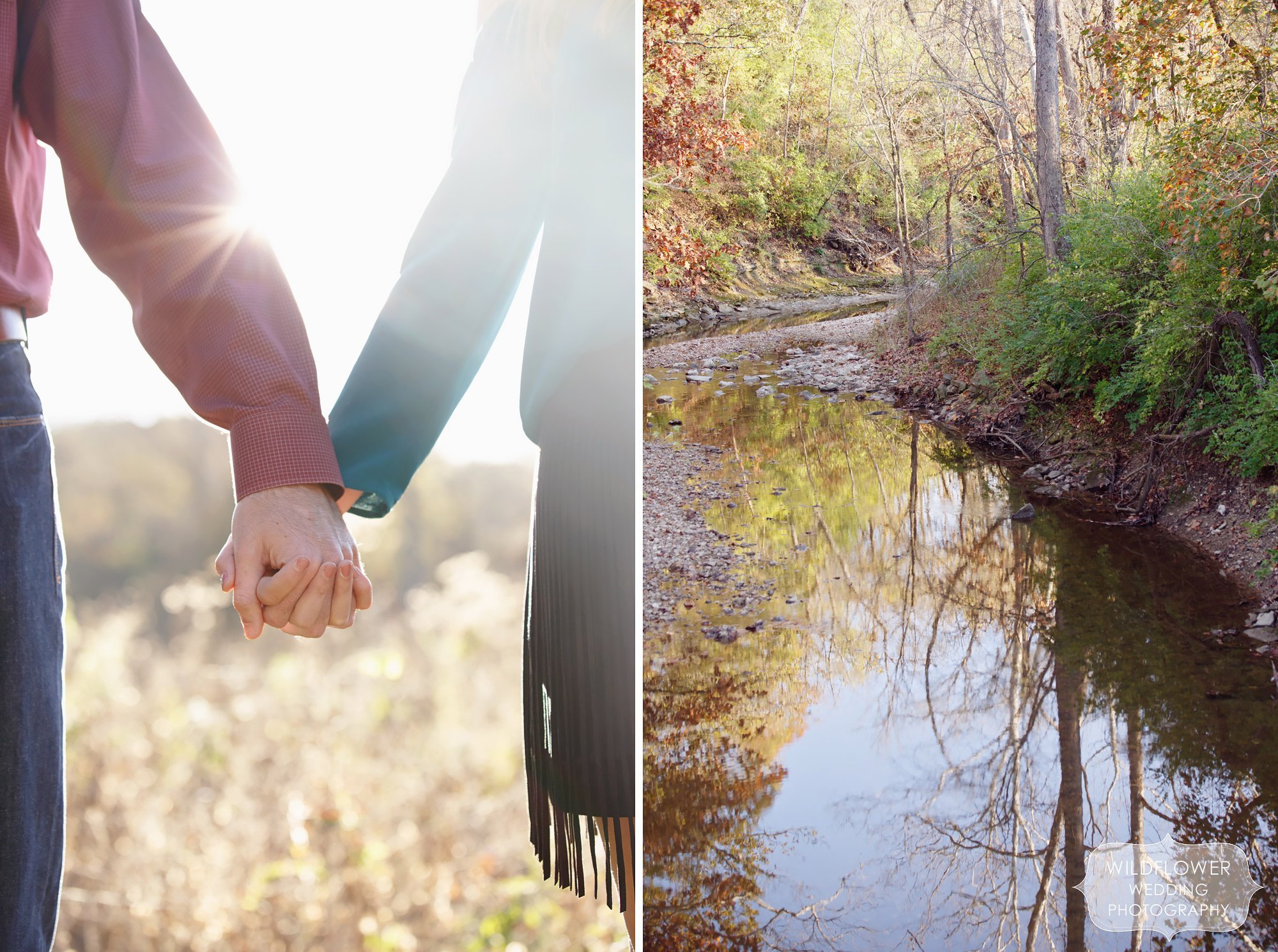 Couple holding hands next to Grindstone creek during their Anthropologie style engagement photography session outdoors in sunbursty light.