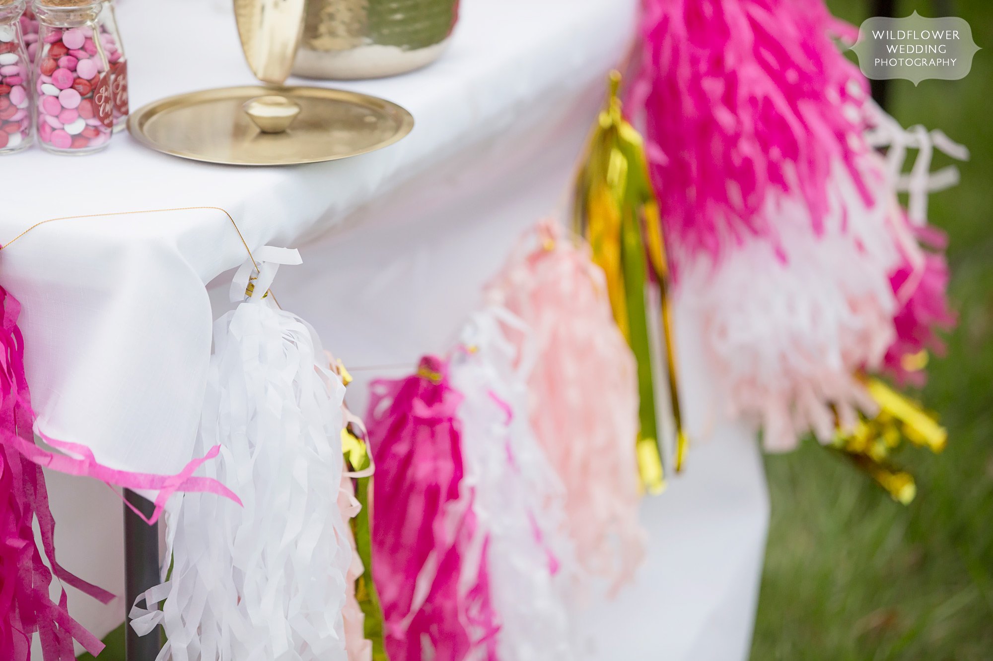 Pink and gold pom pom garland for this outdoor elopement in Columbia, MO.