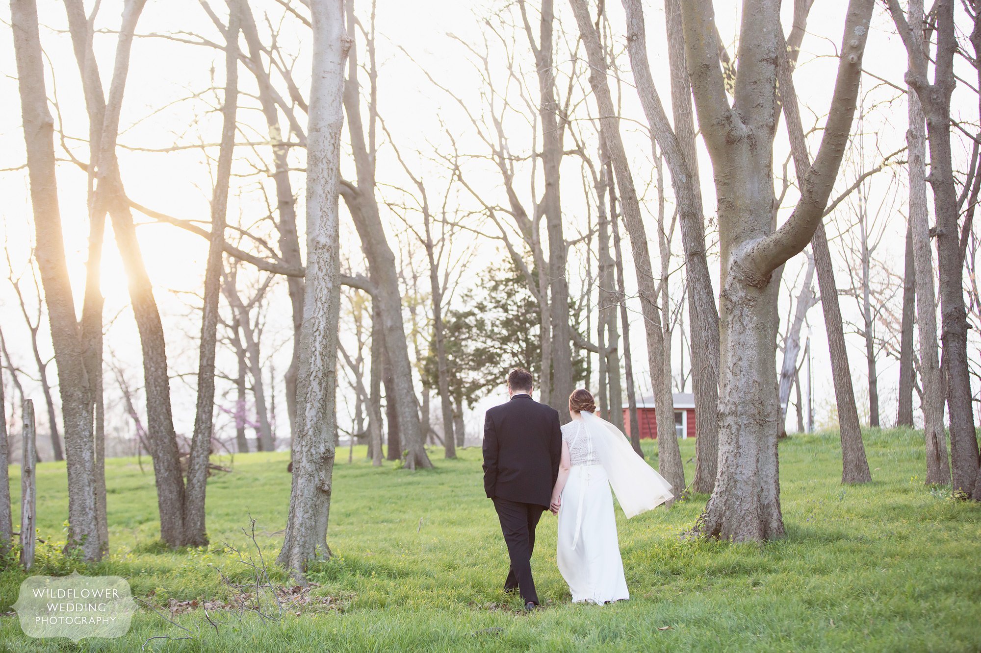 Anthropologie style elopement photography of couple walking through the woods at Nifong Park.