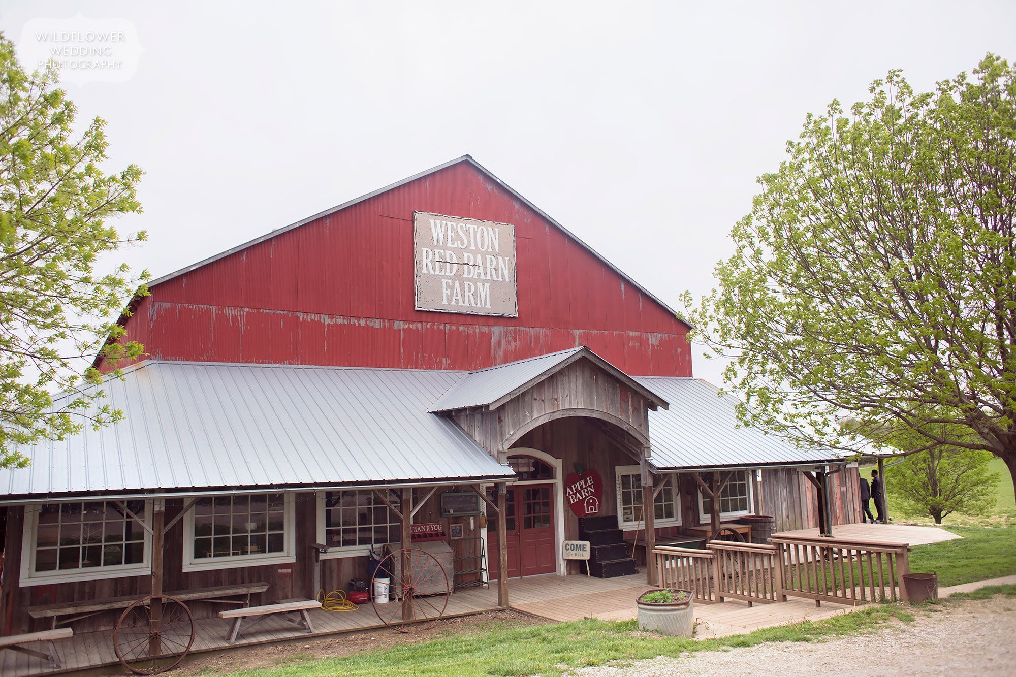 View of the Weston Red Barn Farm store, a rustic wedding venue just north of Kansas City, MO.