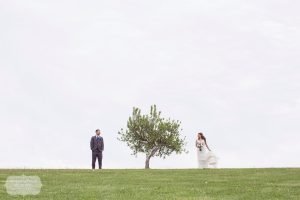 Artistic wedding photo of the bride and groom on a hill with a single tree between them in Weston, MO.