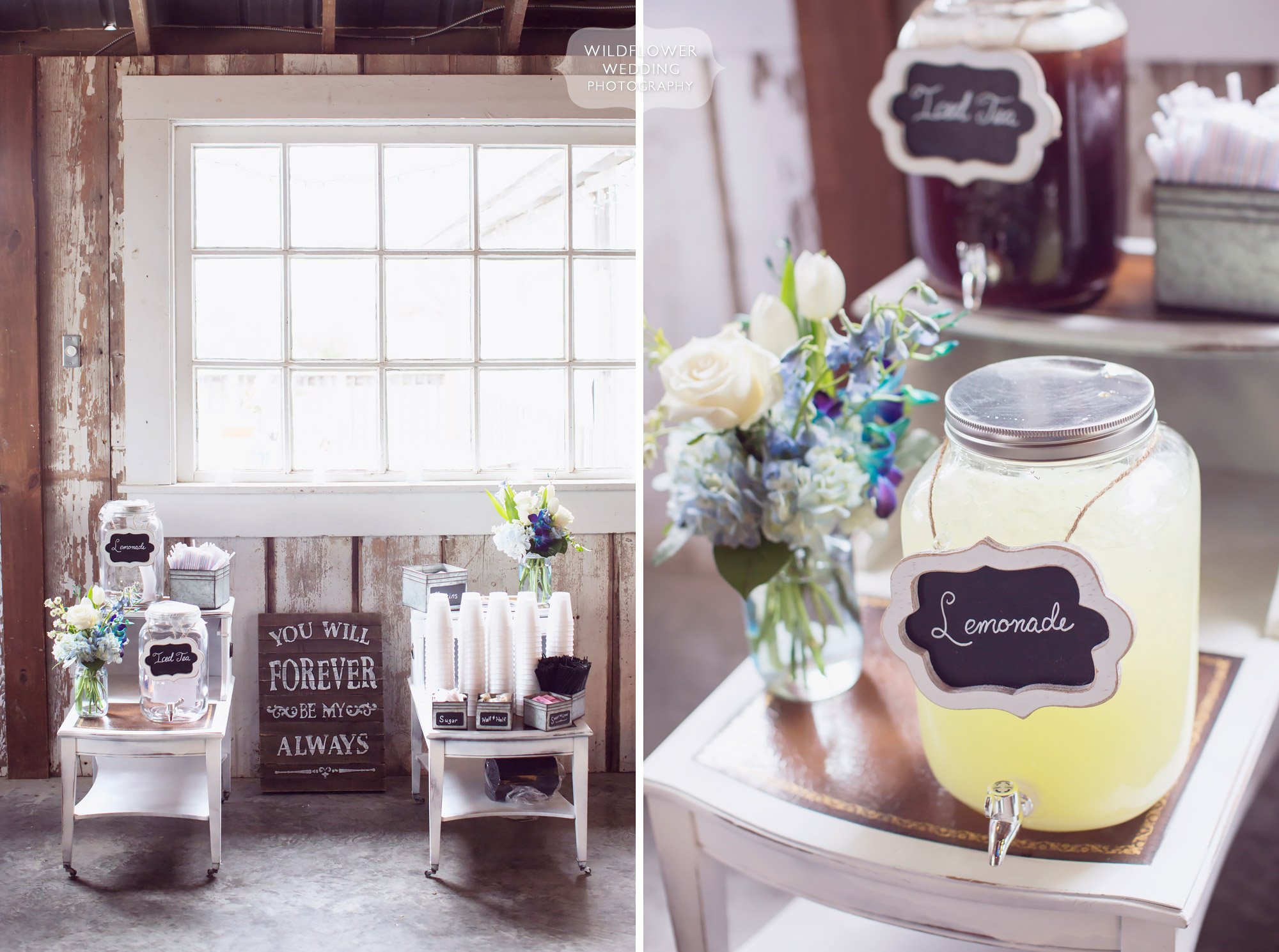 Simple decor ideas for a farm or barn wedding with side tables with lemonade and iced tea.