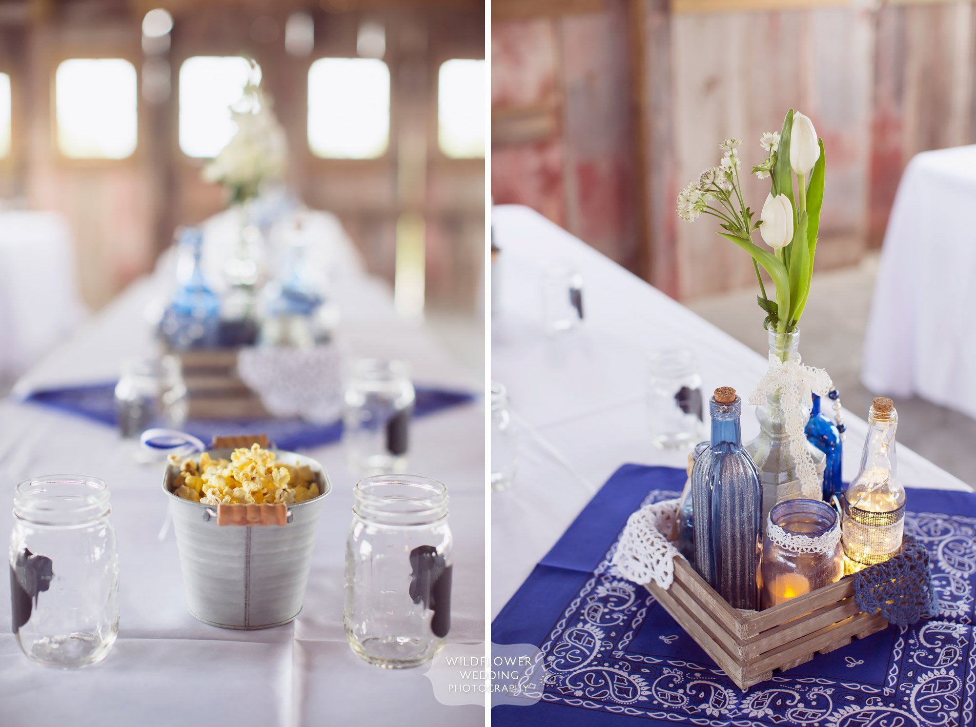 Cool idea for edible wedding centerpieces using galvanized bins at this barn wedding north of KC.
