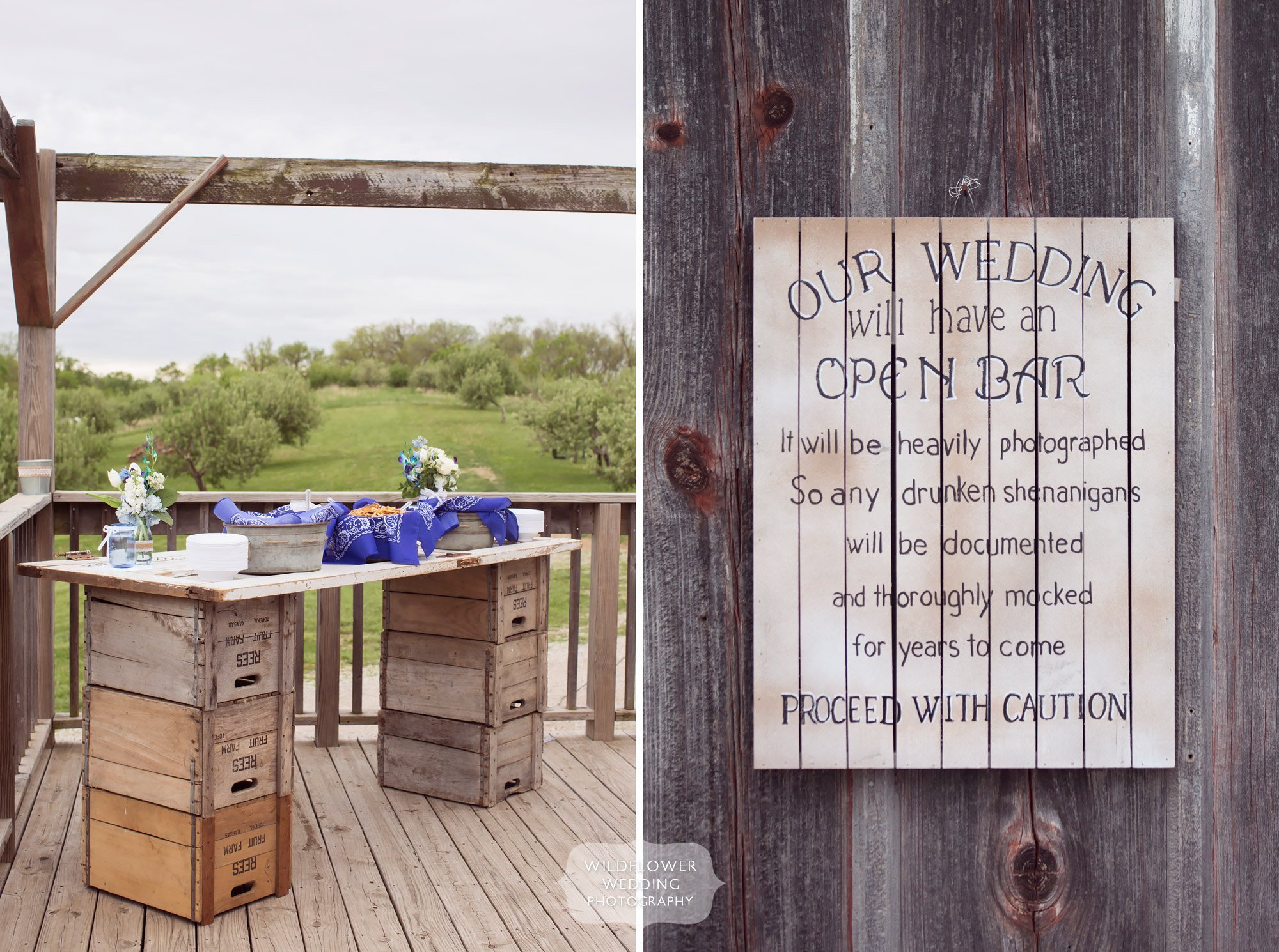 Country wedding decor ideas with an outdoor bar made of wooden crates and a handmade funny wood sign.