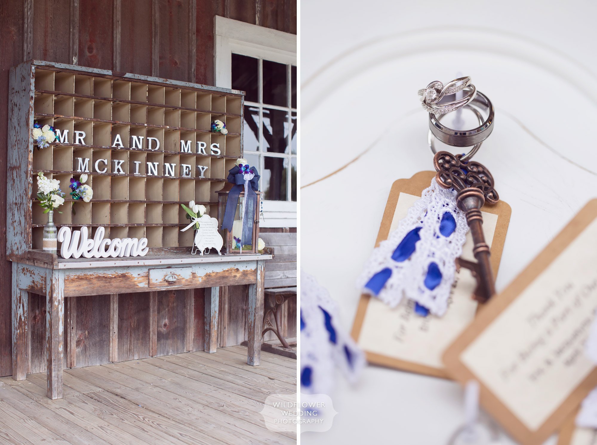 Great idea for a farm wedding with an old postal mail organizer and an antique door for escort cards.
