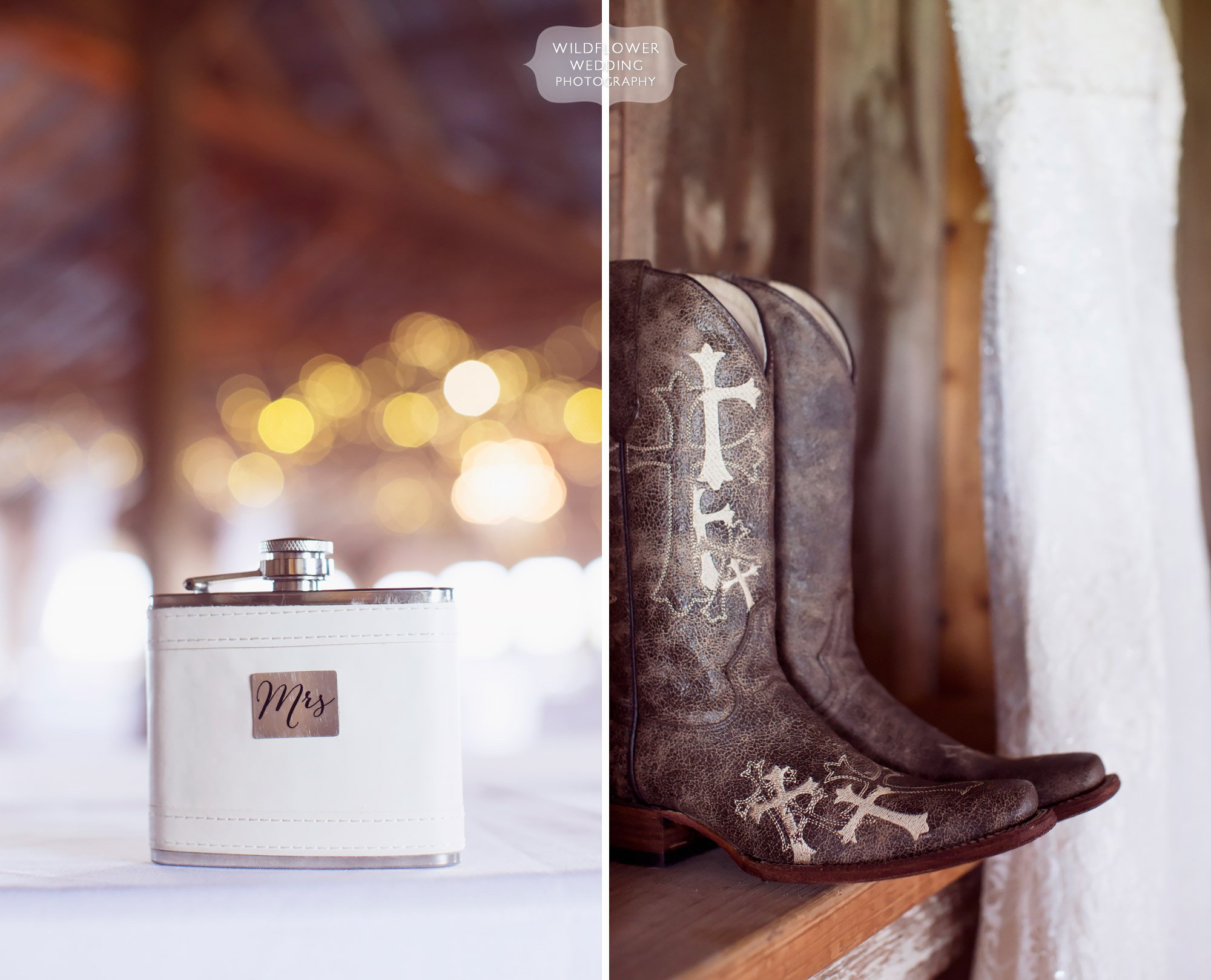 Country wedding ideas with cowboy boots and a classy white leather Mrs. flask!