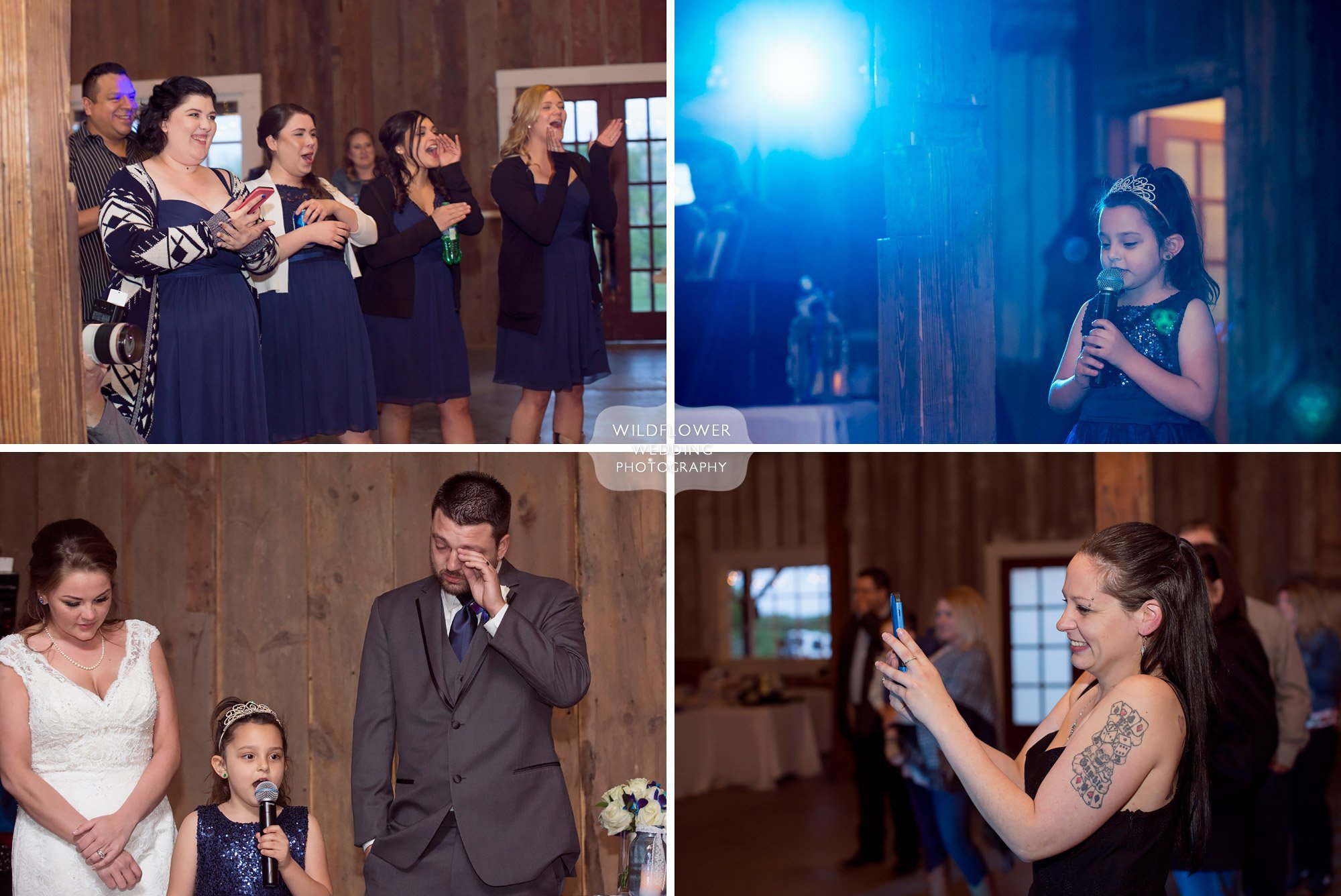 The flower girl sings a song for the guests at the Weston Red Barn Farm.