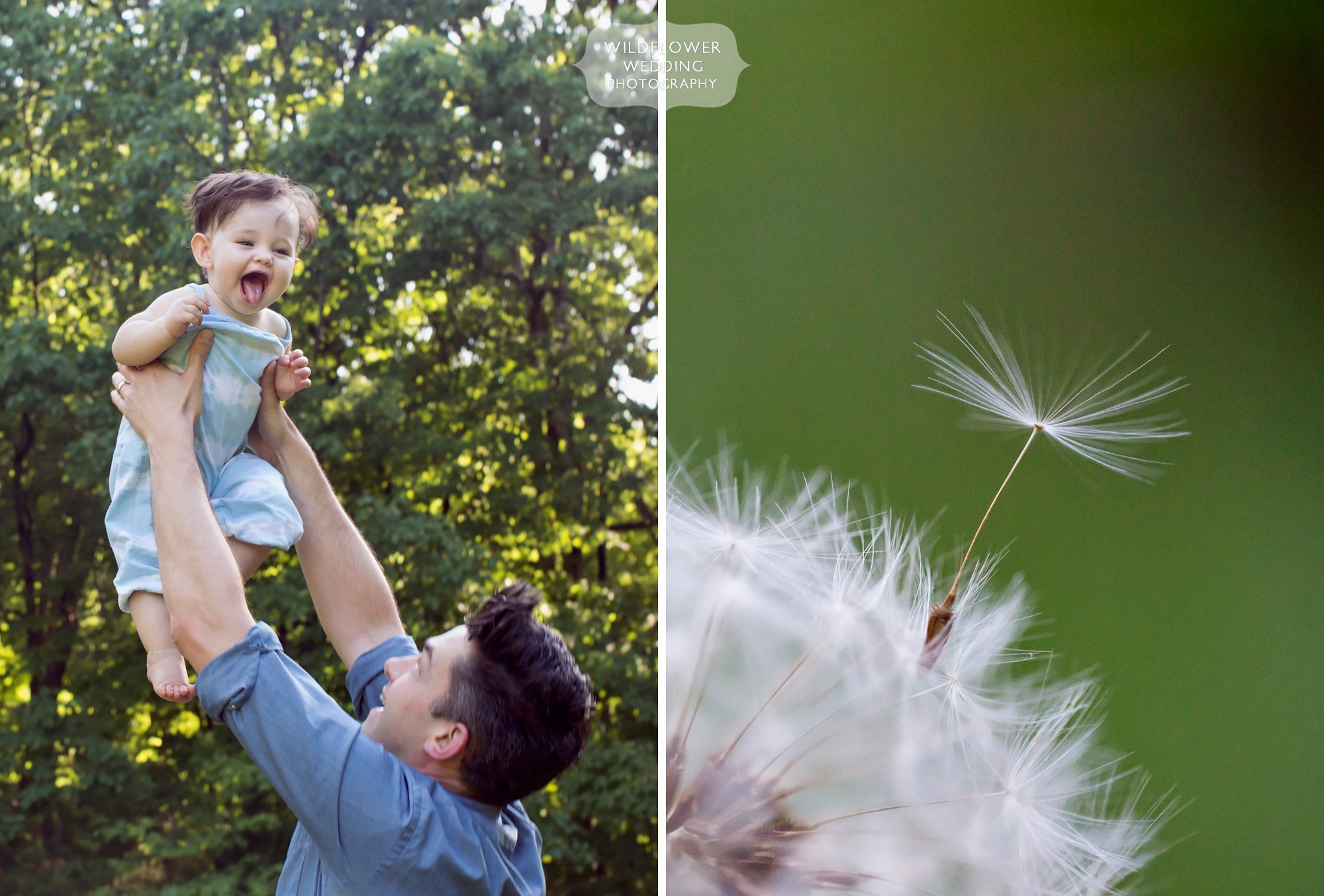 Fun photo of the dad holding his baby up in the air in the woods during this outdoor photography session in Columbia.