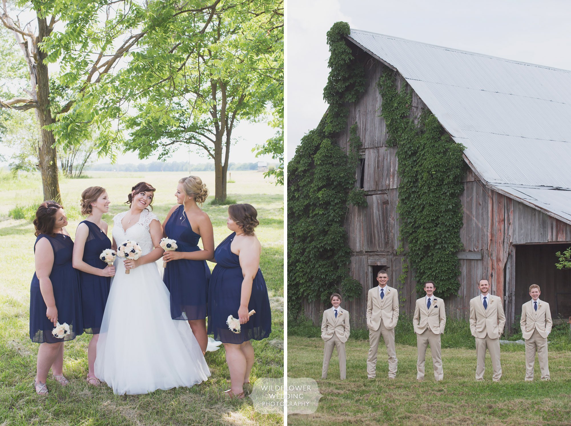 Wedding party photos outside of an ivy covered barn at Bradford Research Farm in Columbia, MO.