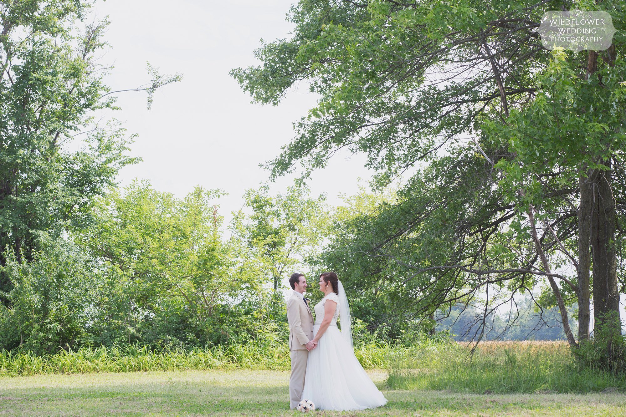 The bride and groom pose in a field during their outdoor country wedding in Columbia, MO in the summer.