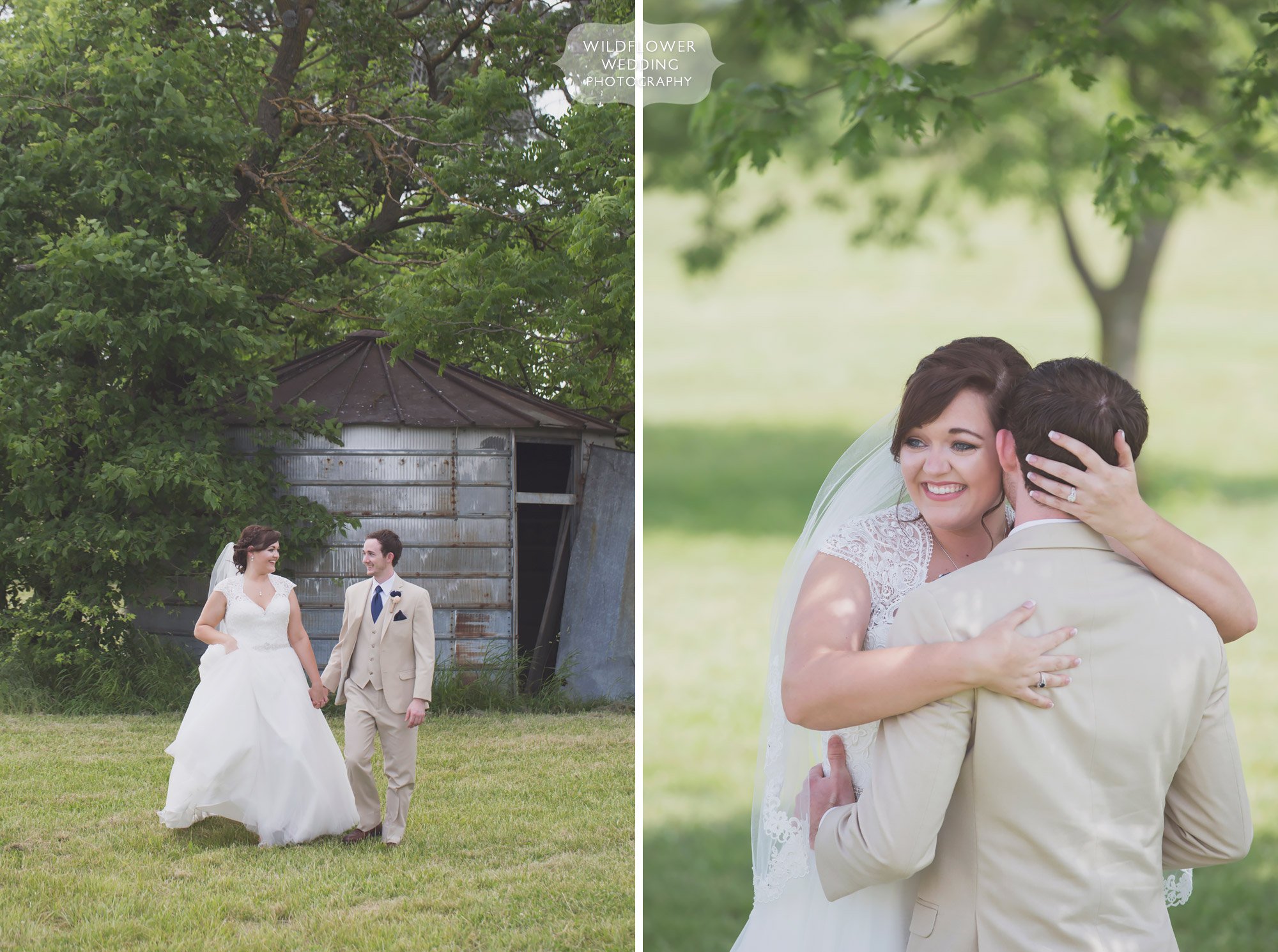 Documentary wedding photos of the bride and groom after the first look at this summer outdoor farm wedding at Bradford Research Farm venue.
