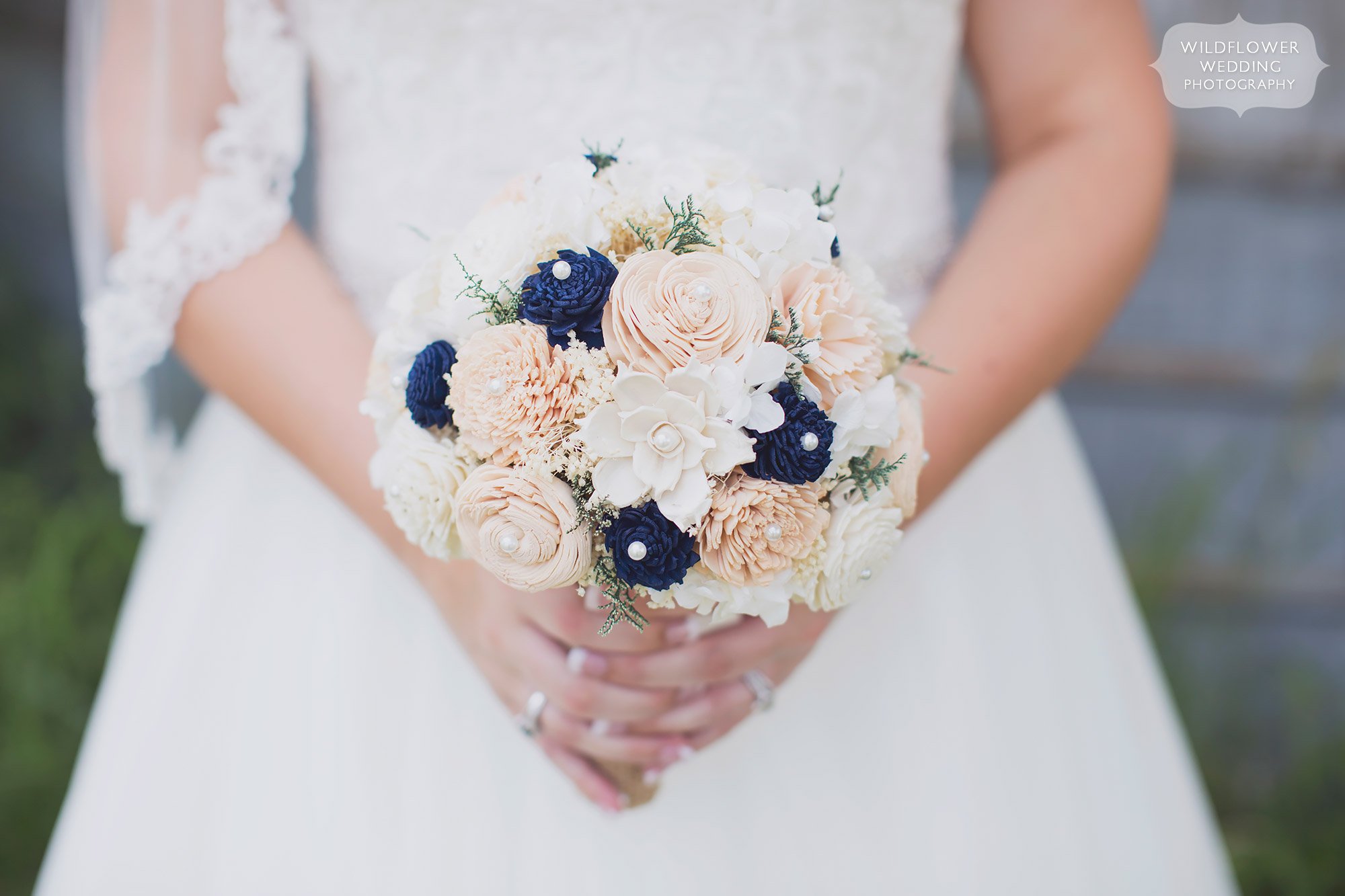 This wooden flower wedding bouquet is perfect for a country wedding in Columbia, MO at Bradford Farm.