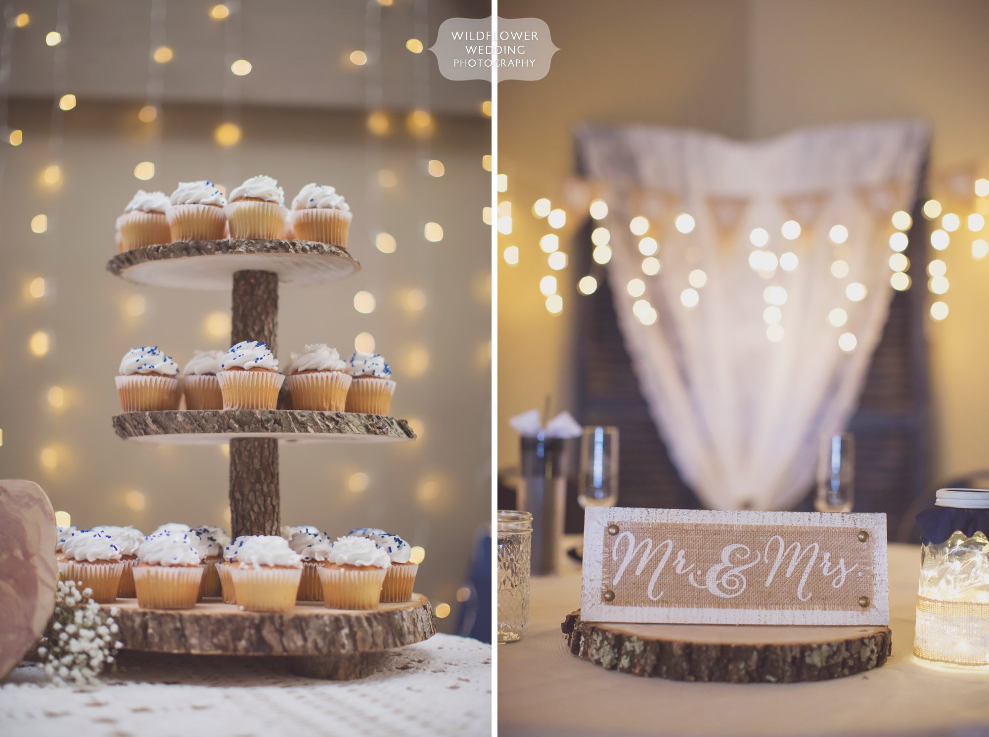 Twinkle lights add so much romantic feeling to this country wedding with burlap and cupcakes in Columbia, MO.