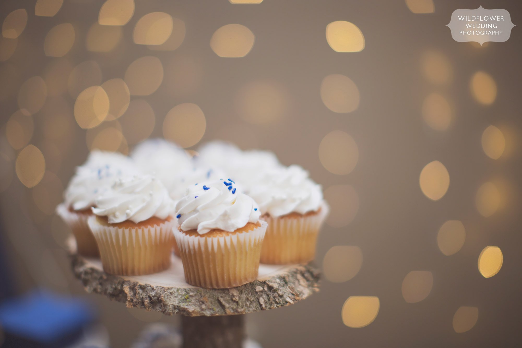 Best photo of wedding cupcakes with twinkle lights blurred in background at a country wedding at the Bradford Farm in Columbia.