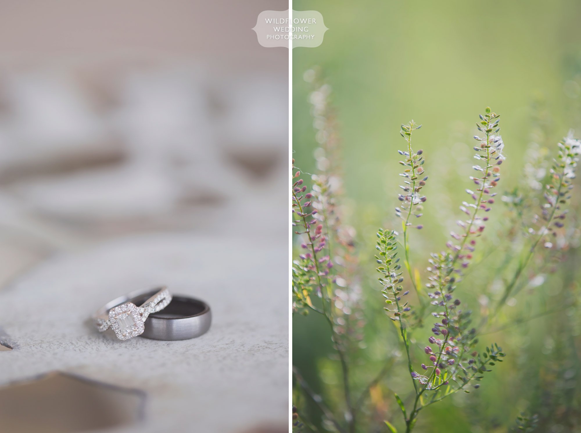 Country rustic wedding at the Bradford Farm with engagement rings on iron table.