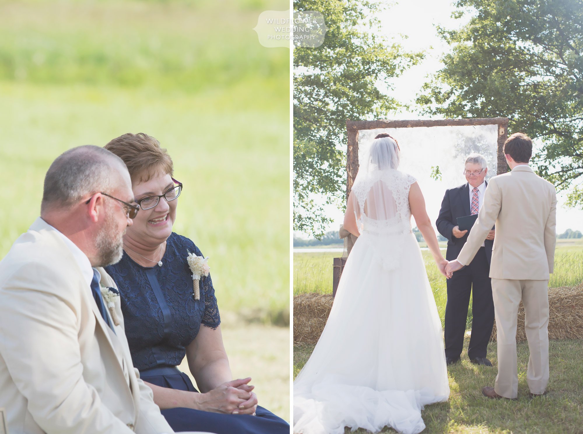 Candid photos of wedding guests watching the ceremony in the country at Bradford Farm.