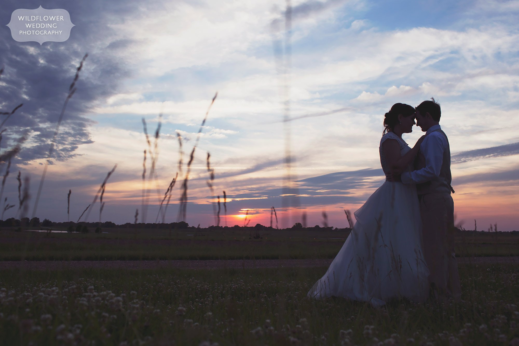 Sunset photo of the bride and groom in the field at Bradford Farm in MO.