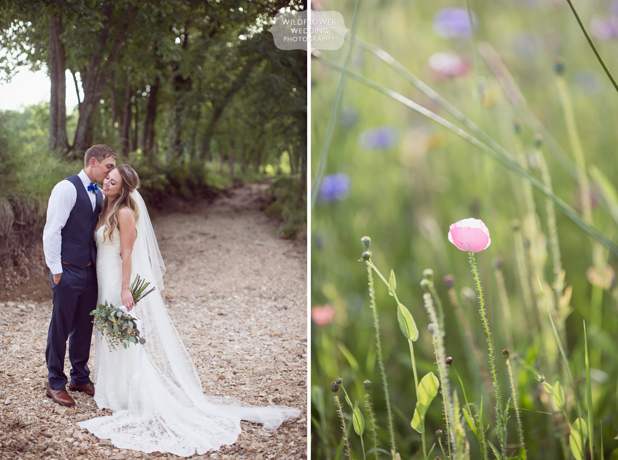 Bride and groom pose in the creek bed outside of the Kempker's Back 40 wedding venue with fields of wildflowers.