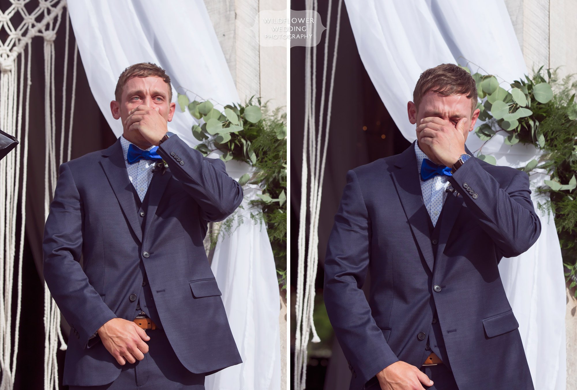 Emotional photos of the groom crying when he sees his bride for the first time at this barn wedding in MO.