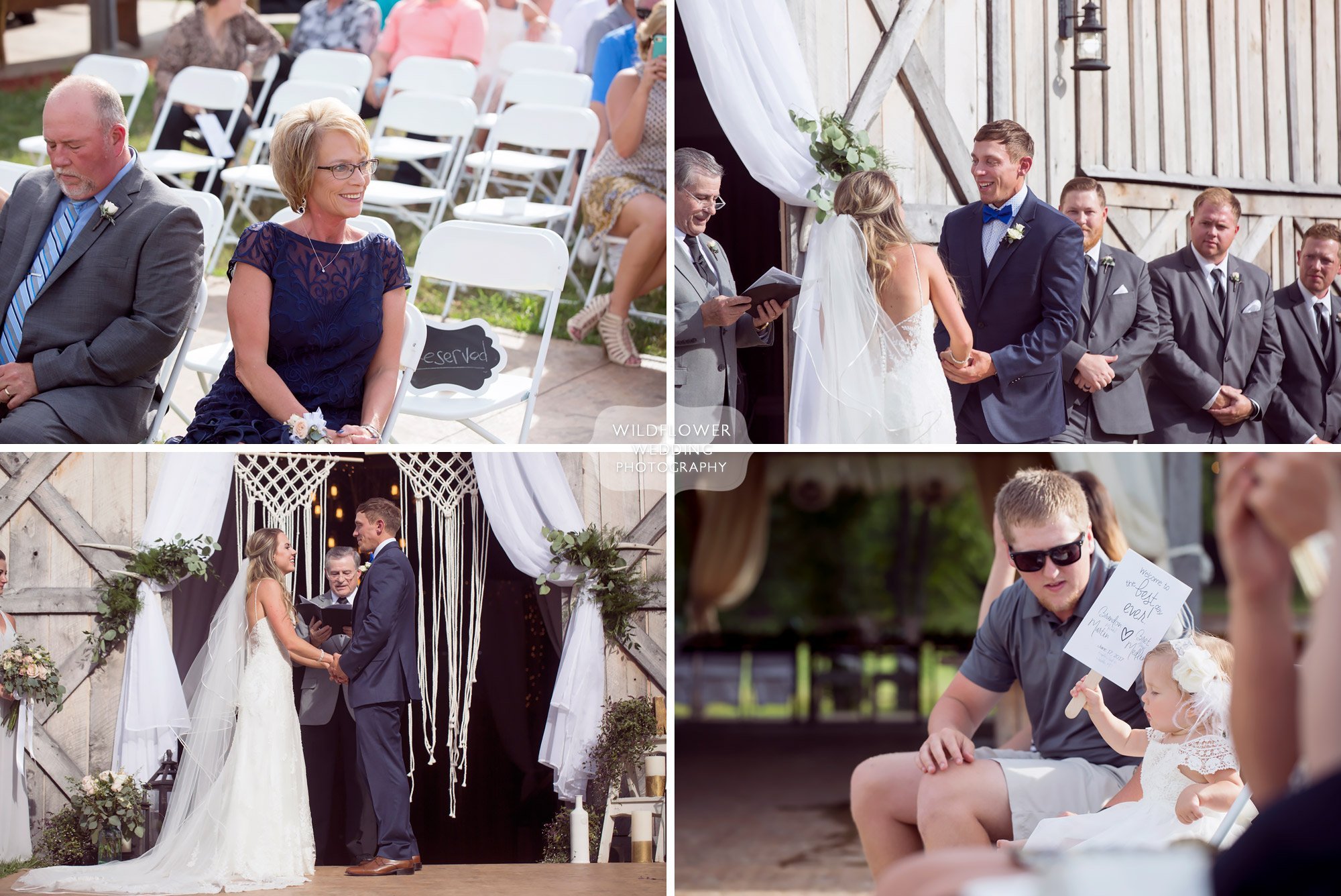 Documentary photos of the wedding ceremony guests watching the bride and groom at this barn wedding venue in MO.