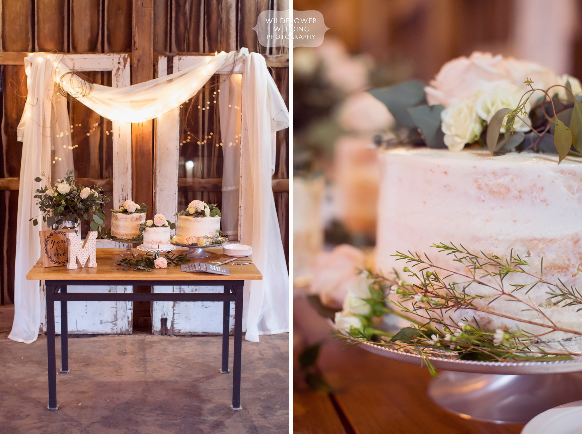 Naked wedding cakes on display with romantic lace and twinkle lights at this barn wedding at Kempker's Back 40 in southern MO.